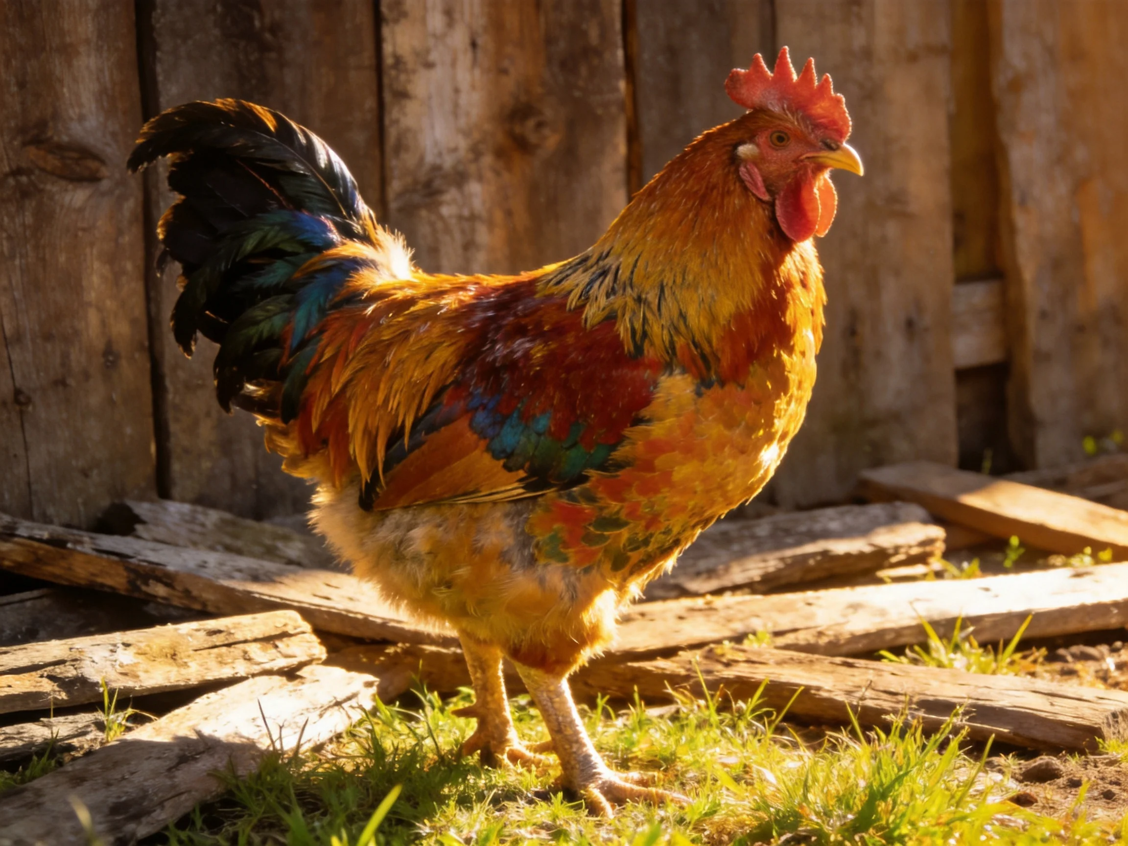 Vibrant-colored rooster near aged wooden planks and fence