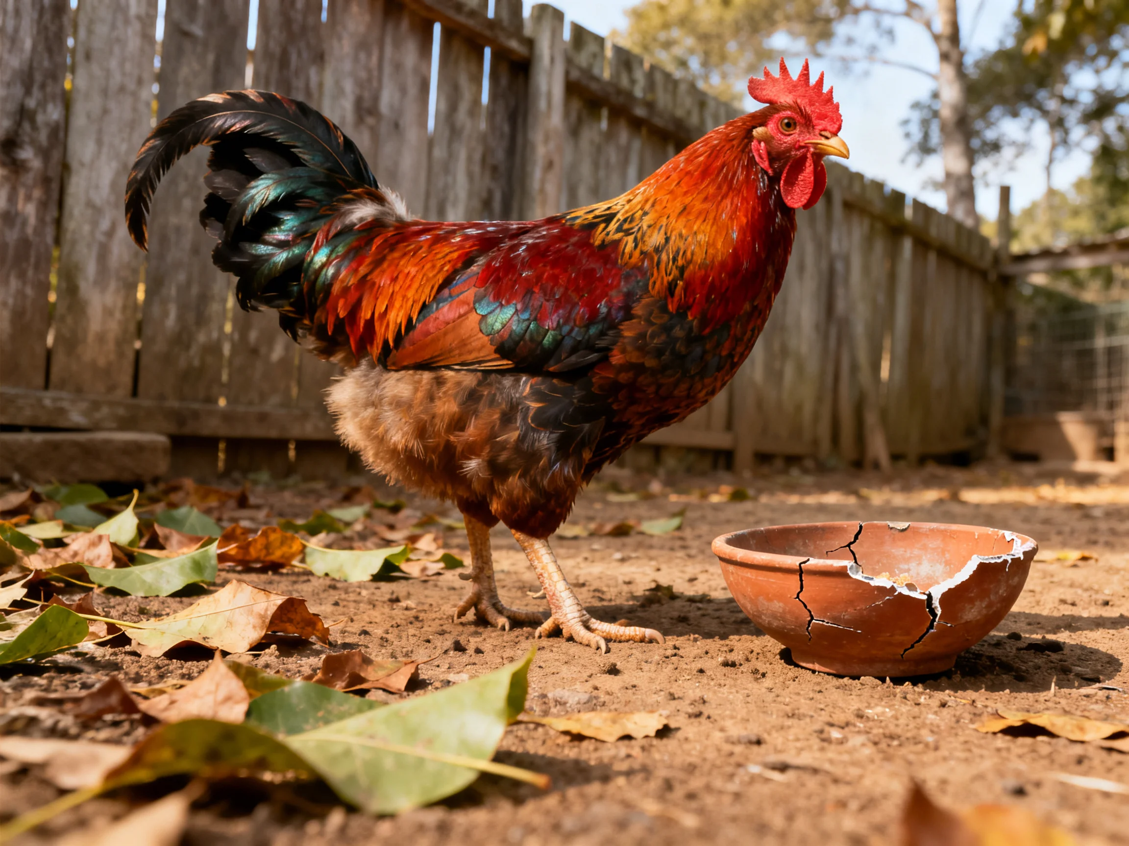 A colorful rooster stands beside a broken clay dish in a fenced outdoor space with fallen leaves.