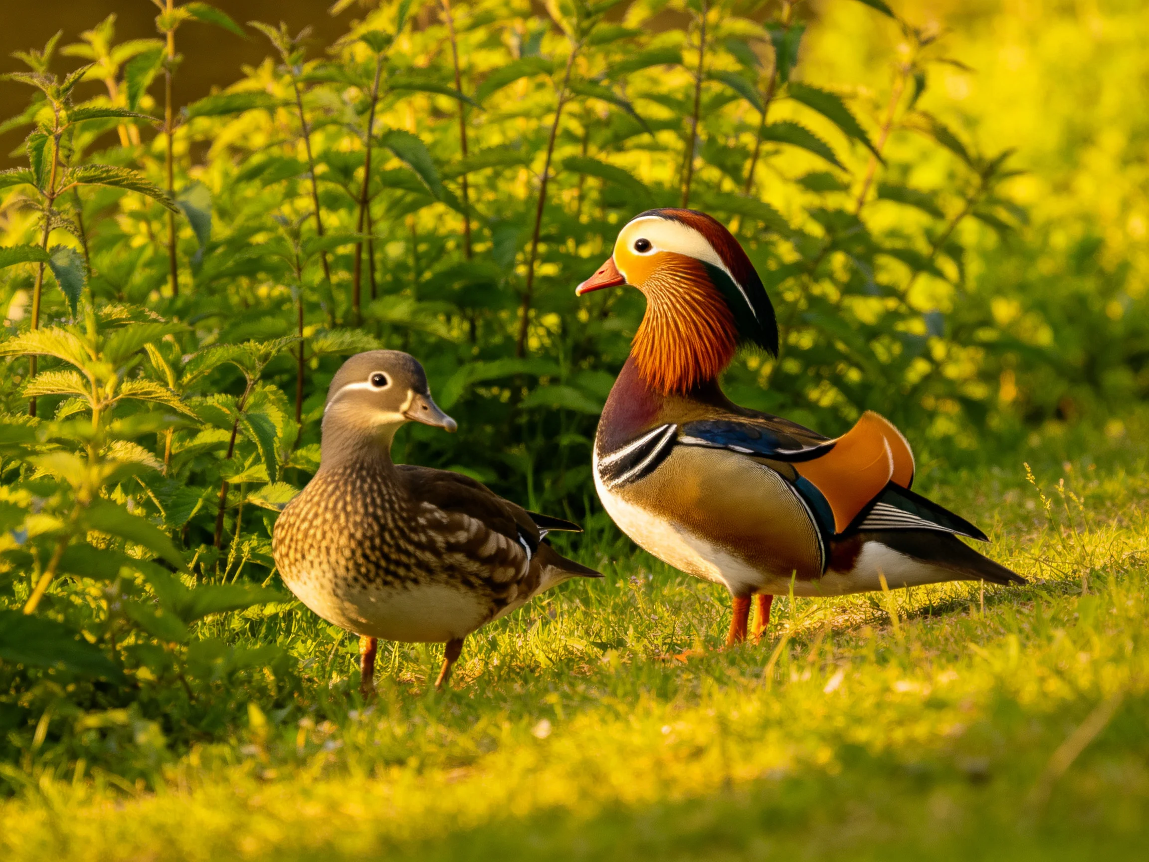 Vibrant mandarin duck and brown duck in lush green foliage