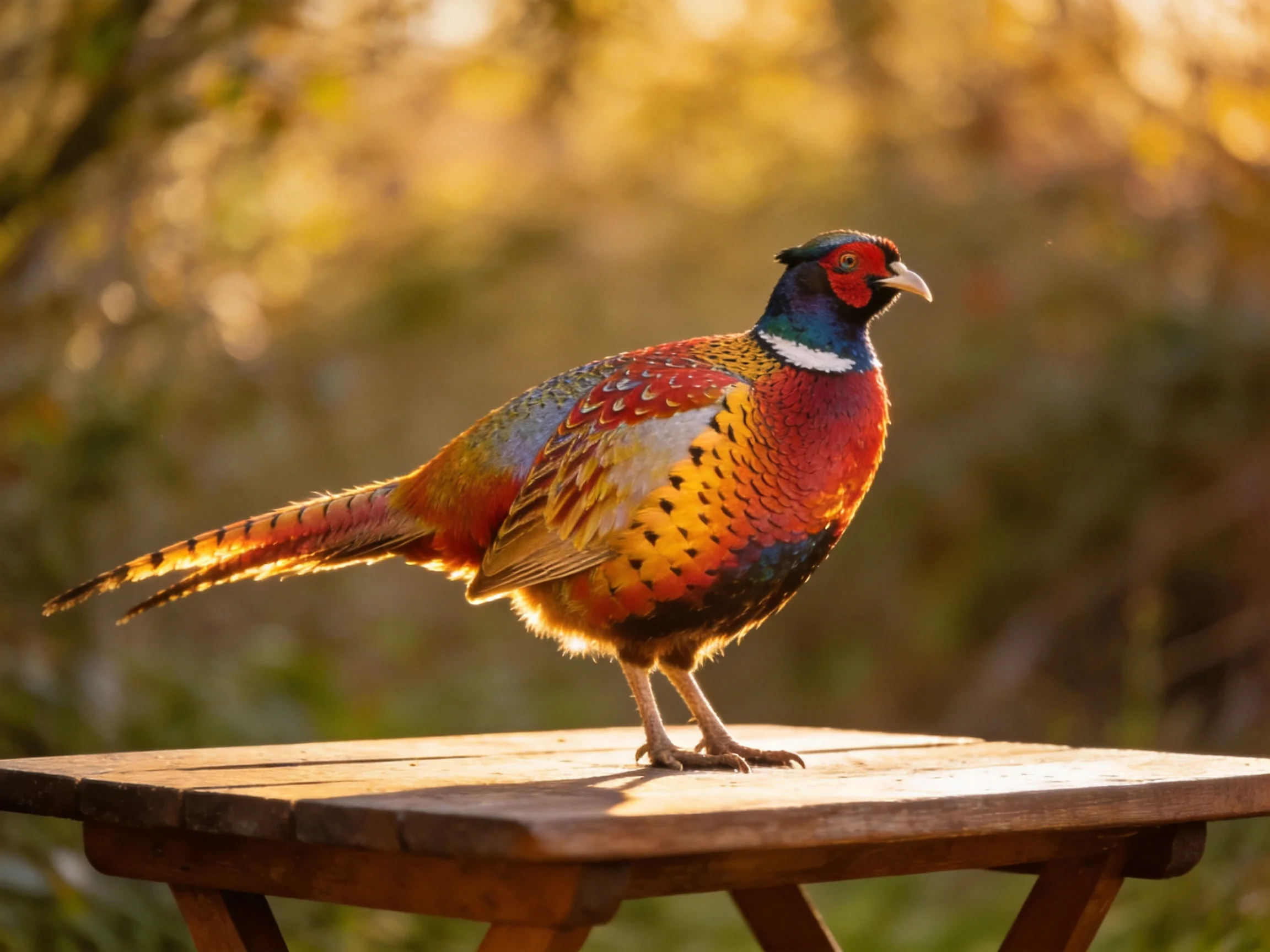 Vibrant multicolored pheasant stands on wooden table in sunlit outdoor scene.