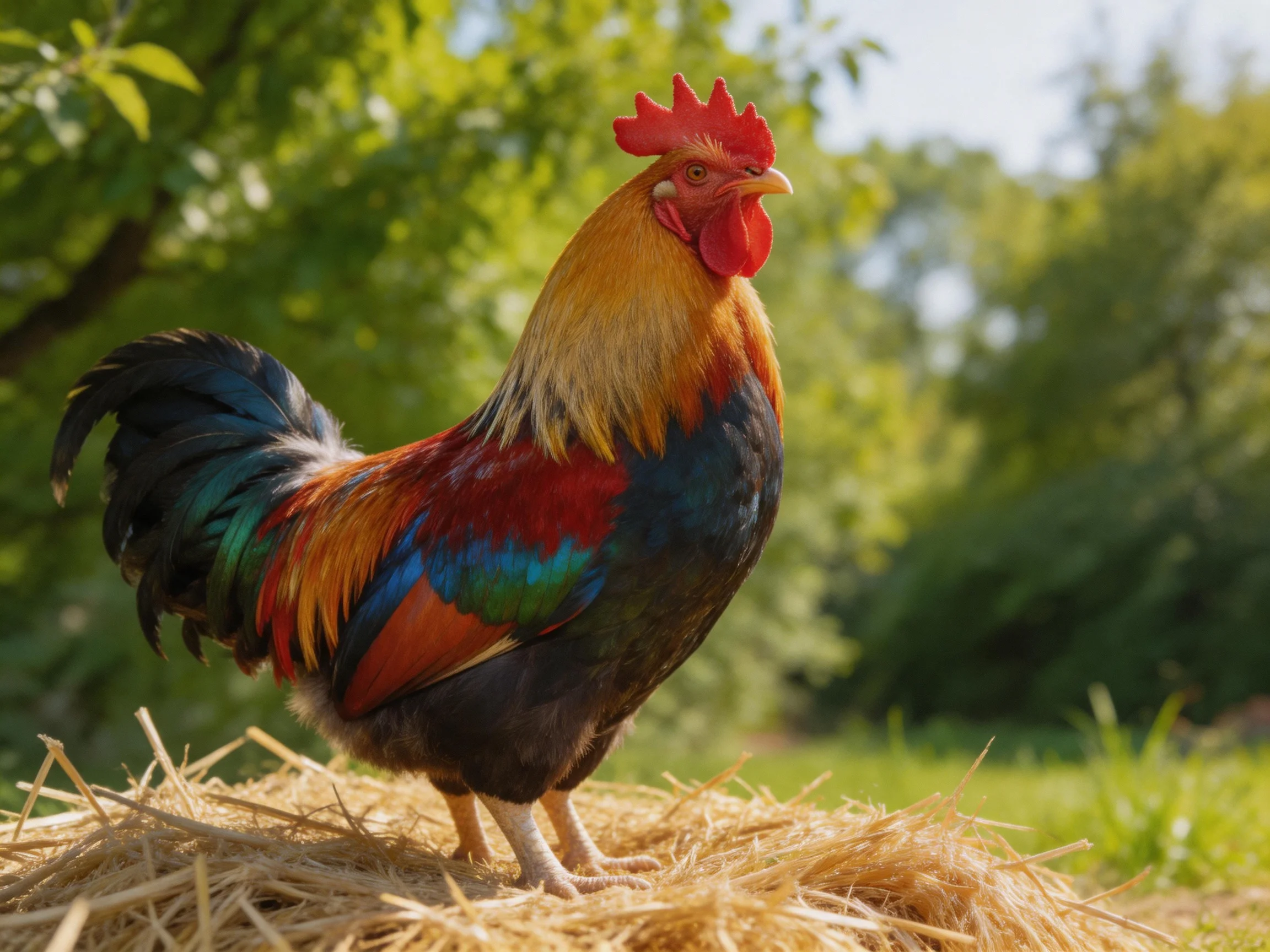 A vibrantly colored rooster stands on golden straw amid lush green surroundings.