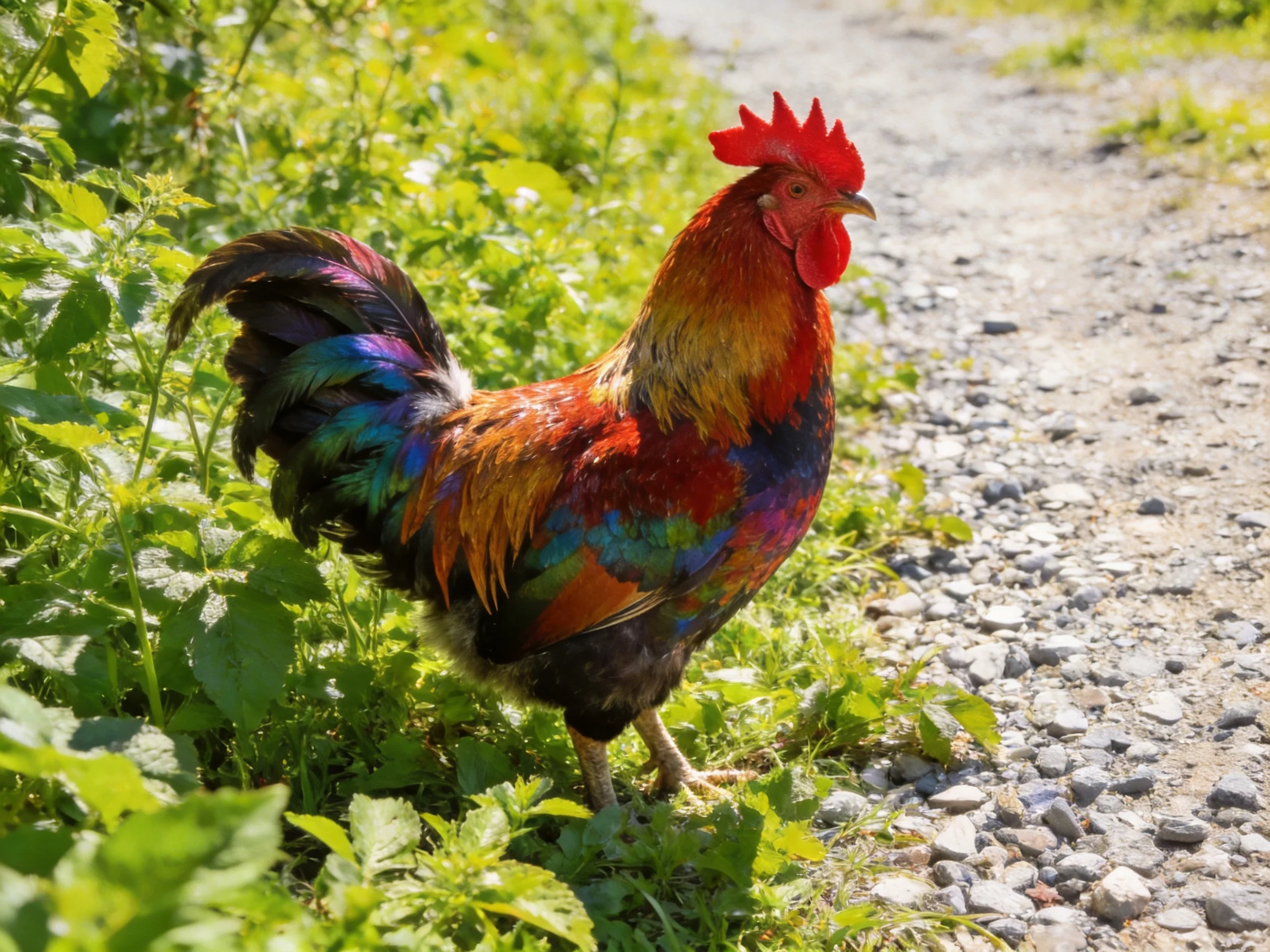Vibrant multicolored rooster standing by gravel path among lush greenery