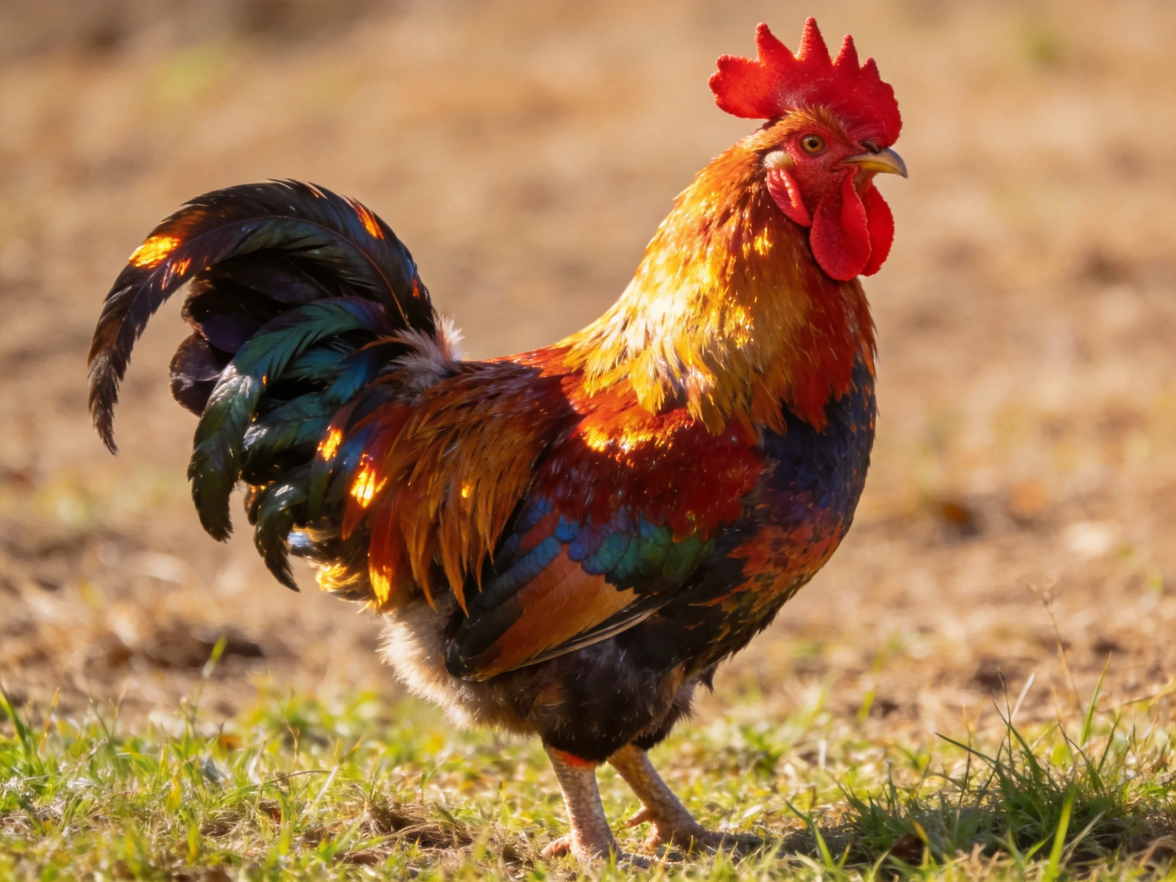Vibrant multicolored rooster with red comb standing on grassy terrain