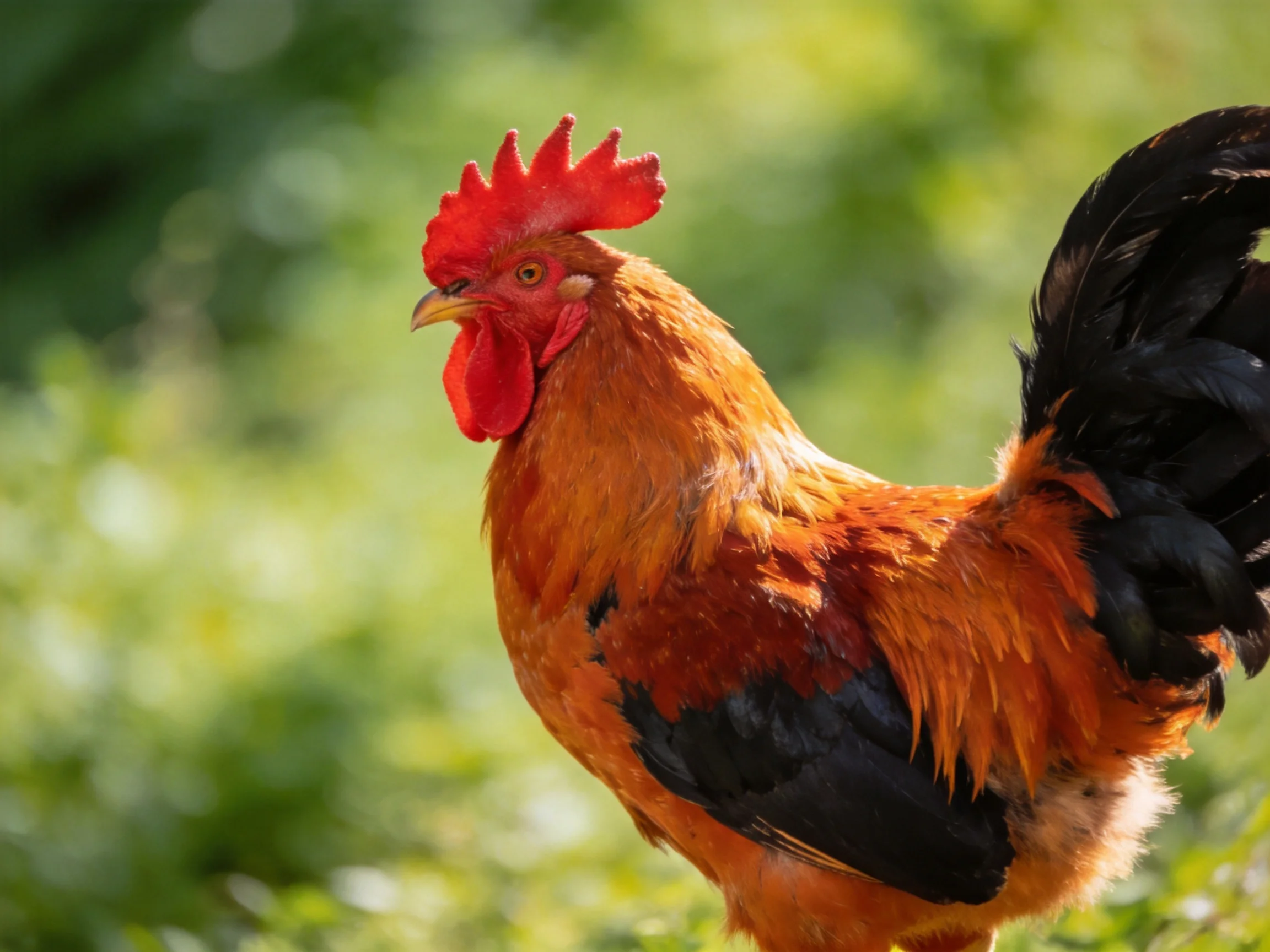 Vibrant orange rooster with black tail feathers and red comb outdoors