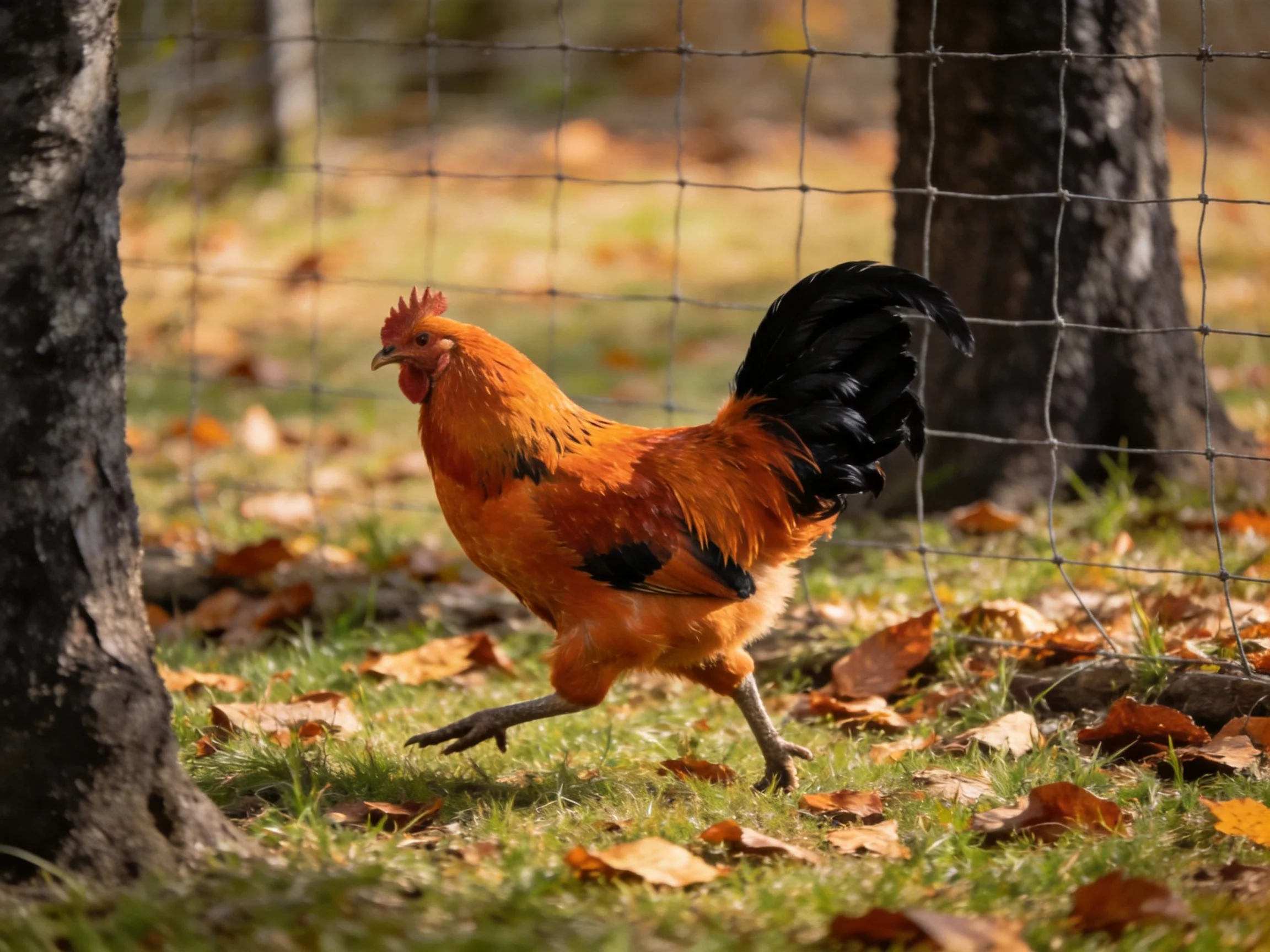 An orange rooster with black tail moves near a wire fence in a leaf-strewn yard.