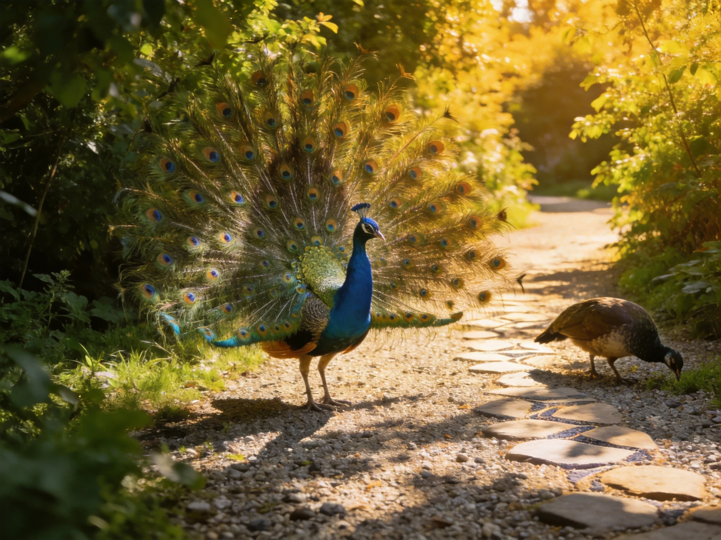 Vibrant peacock displays fanned tail near smaller bird on sunlit path