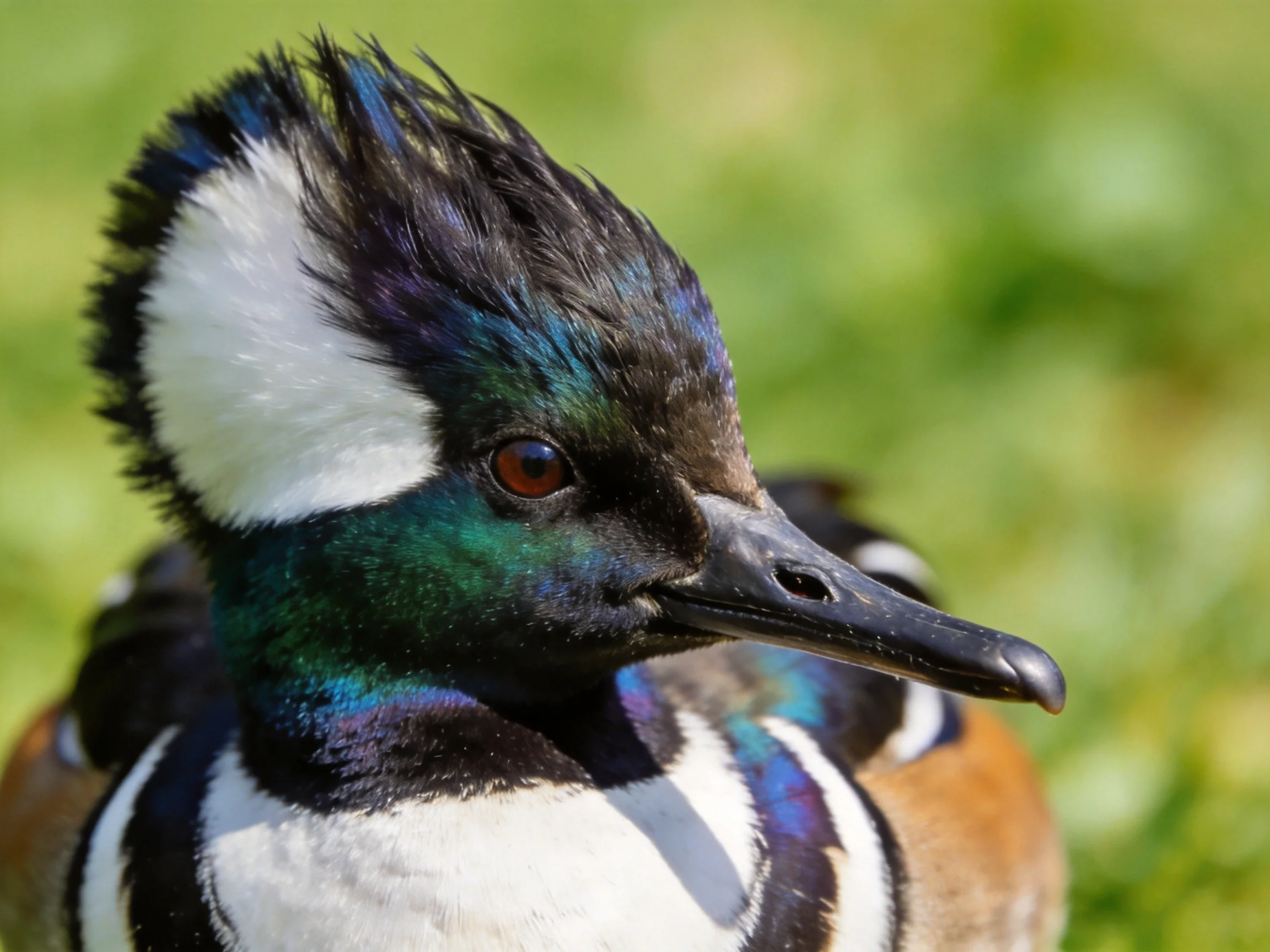 Close-up of a duck displaying bold color contrasts and unique feather designs.