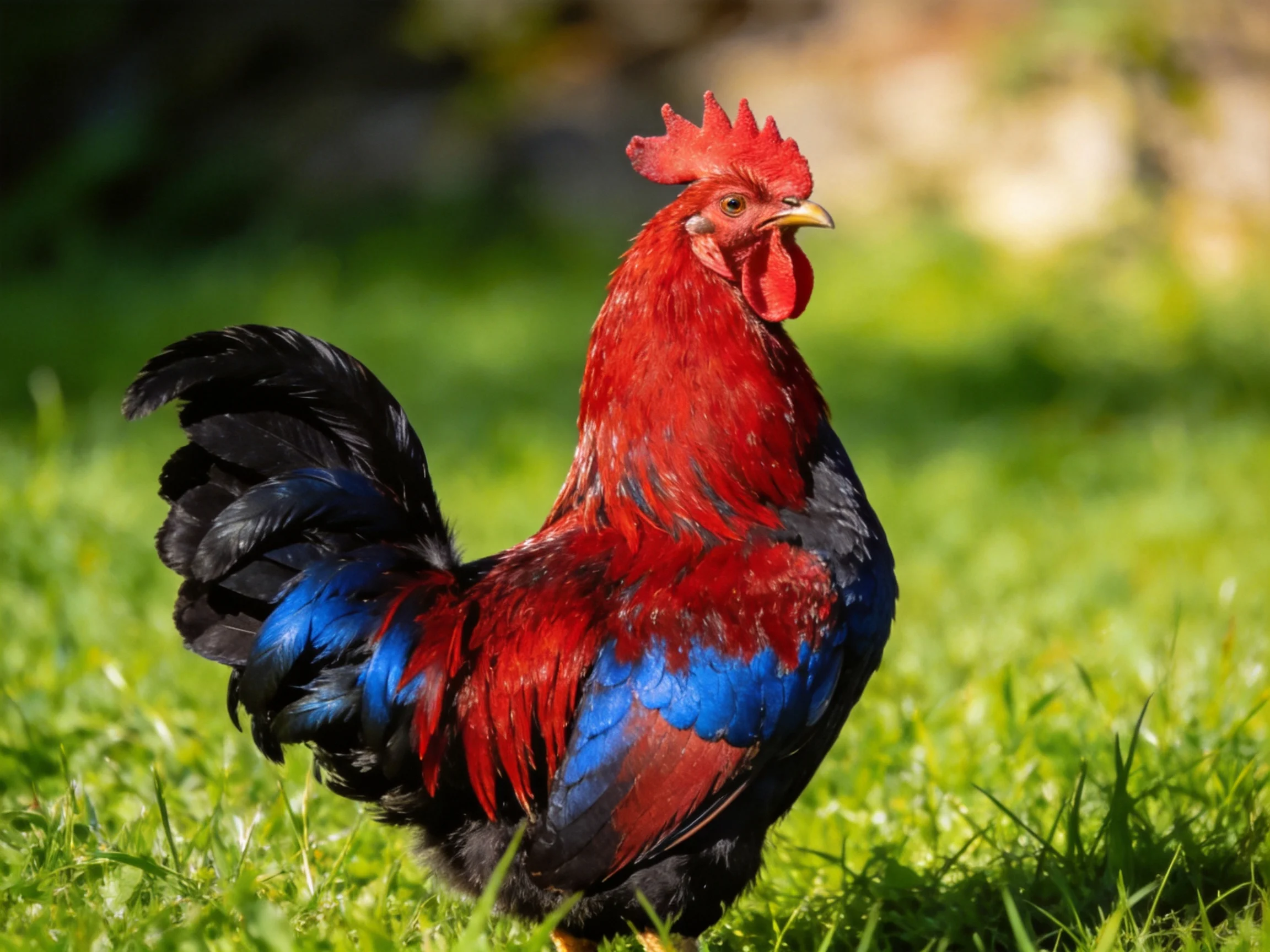 Vibrant red, blue, and black rooster on lush green grass