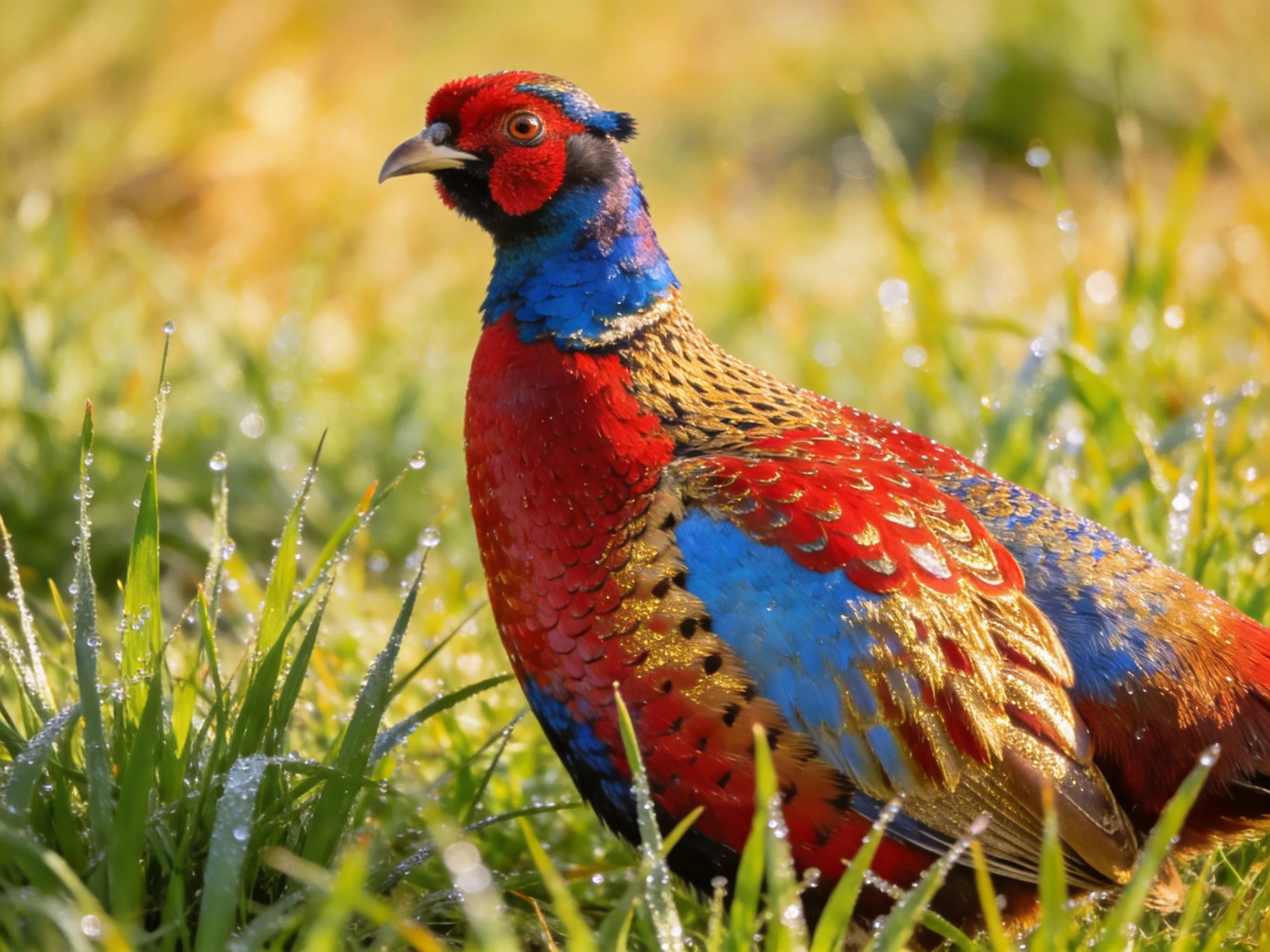 Vibrant red-blue-gold pheasant amid dewy green grass