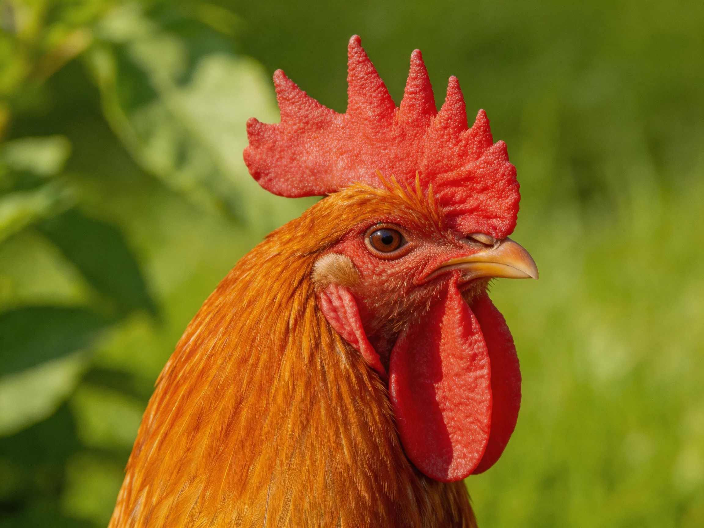 Vibrant red comb rooster with golden feathers near green foliage