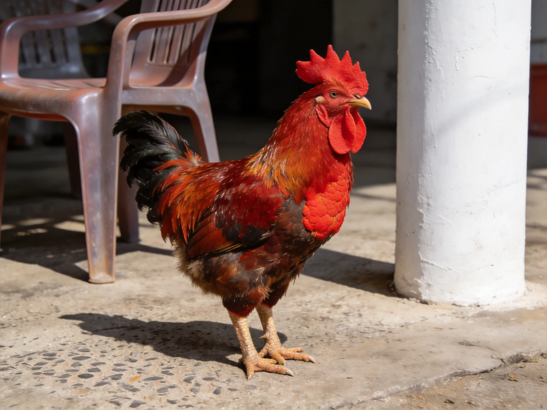 Vibrant red-combed rooster beside brown chair and white column