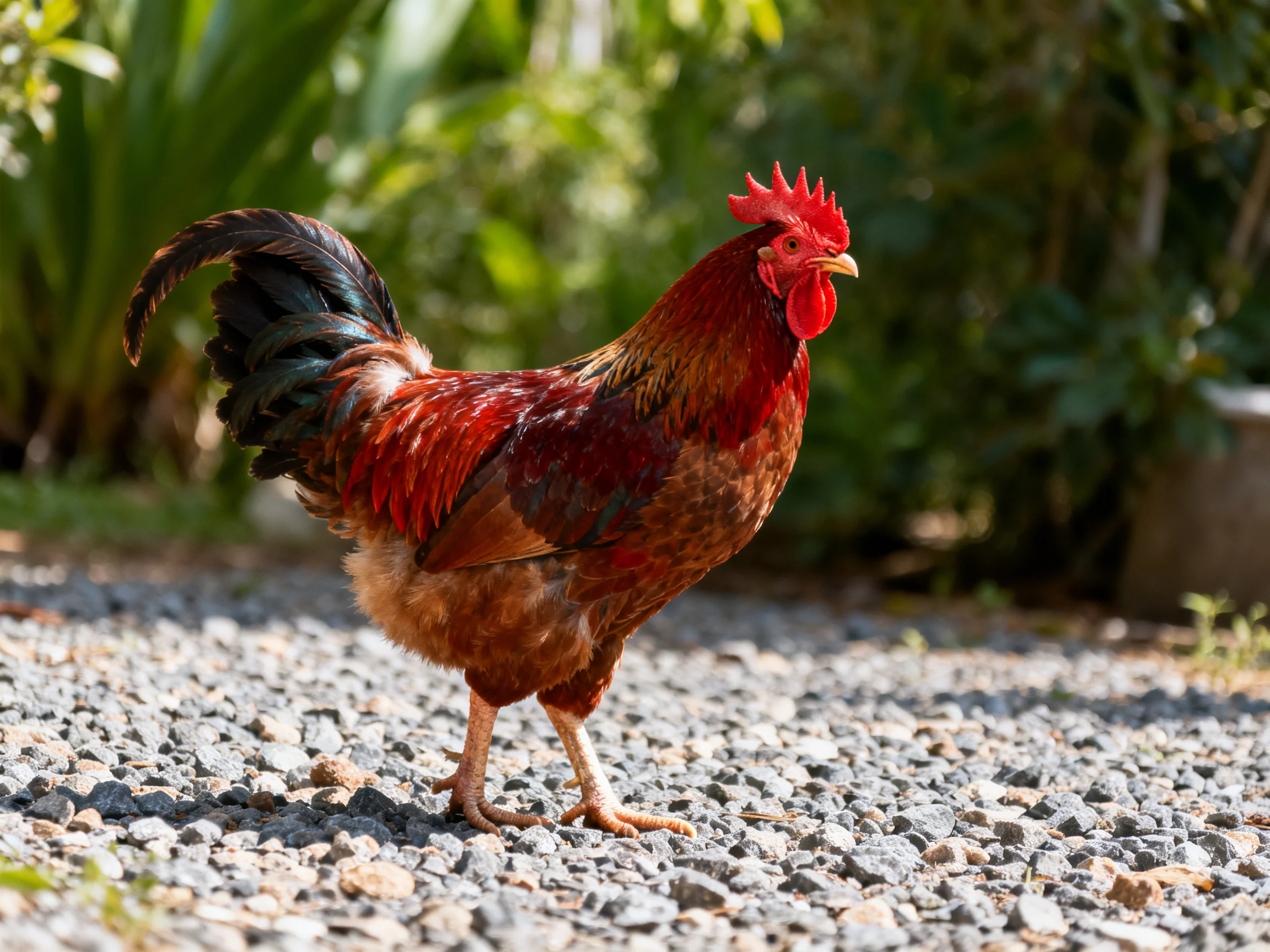 Vibrant red-combed rooster stands on gravel path among lush greenery