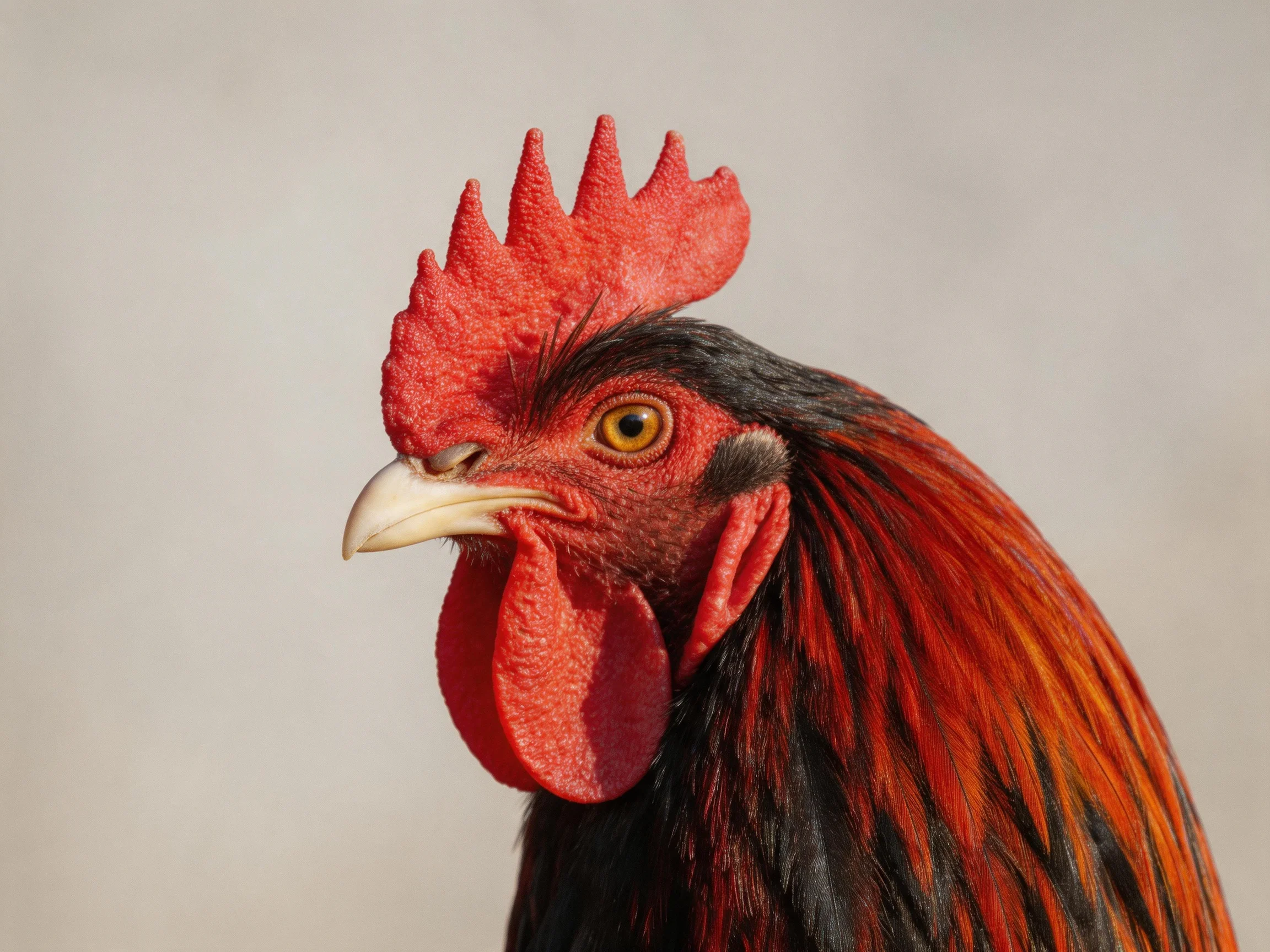Vibrant red-combed rooster with black and orange plumage