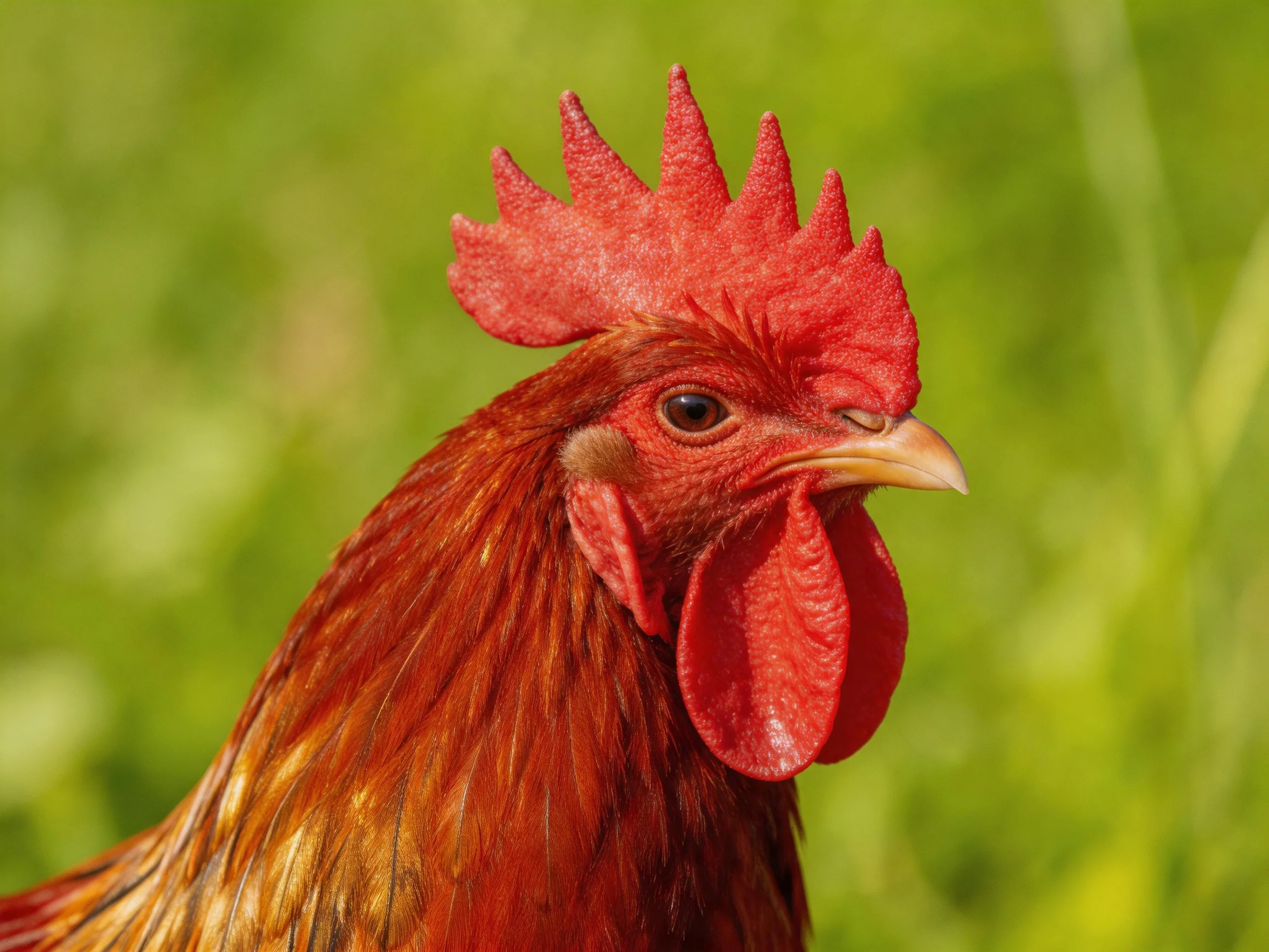 Close-up of a rooster with red comb and brown feathers in a green outdoor setting.