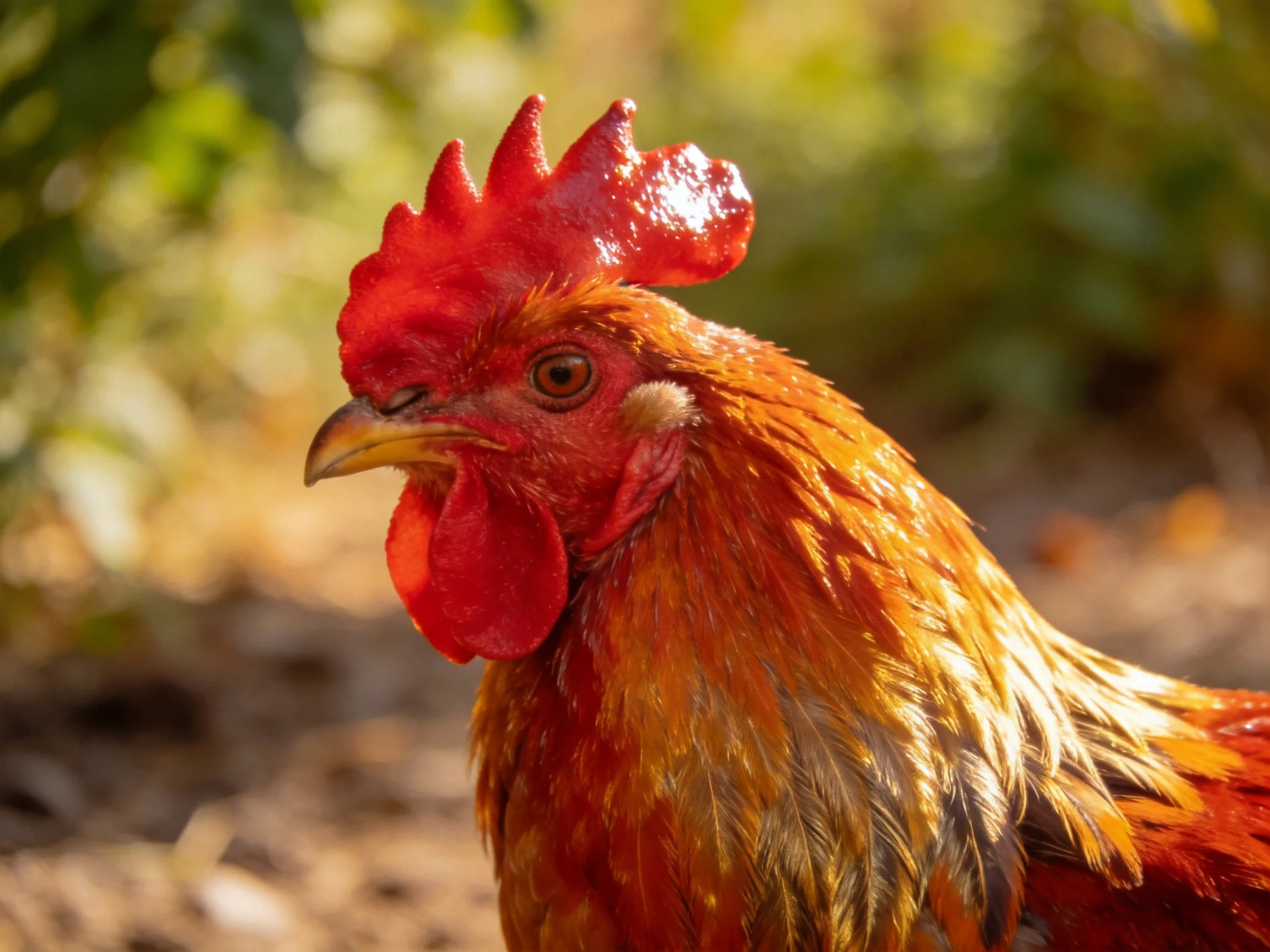 Vibrant red-combed rooster with golden-brown feathers in sunny outdoor setting