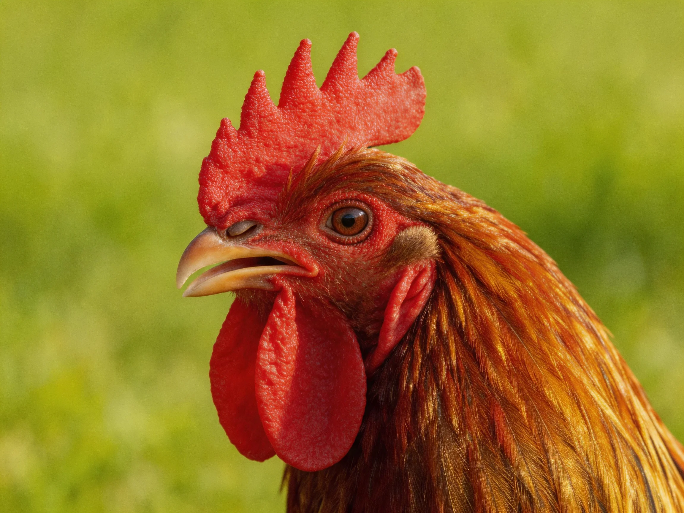 Vibrant red-combed rooster with golden-brown plumage against blurred green backdrop