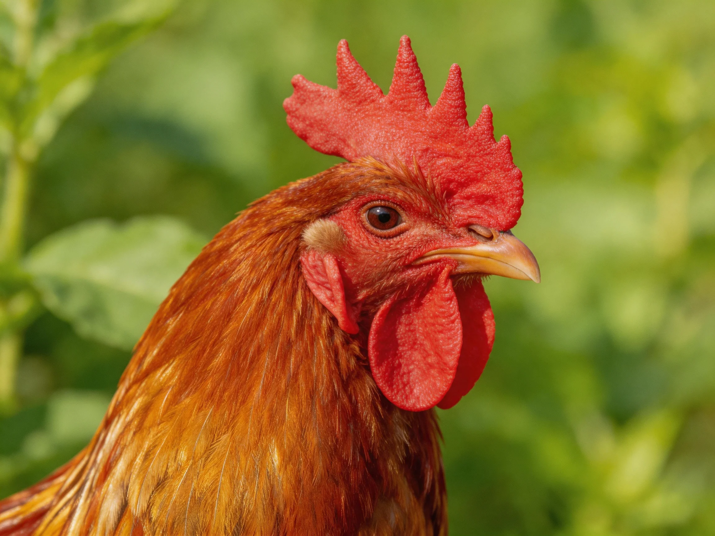 Vibrant red-combed rooster with golden-brown plumage amidst lush green foliage