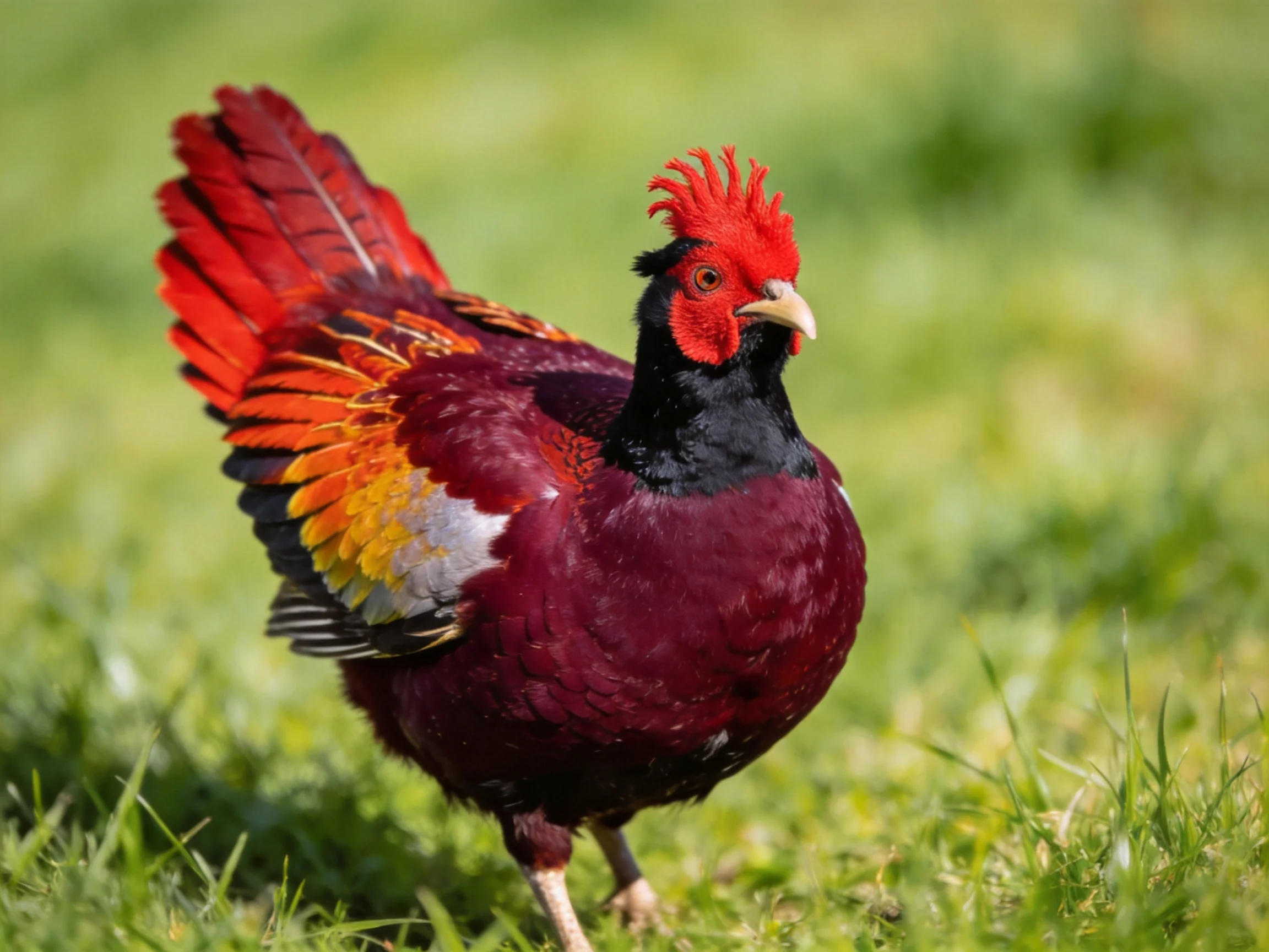 Vibrant red crested pheasant with maroon body and colorful wings