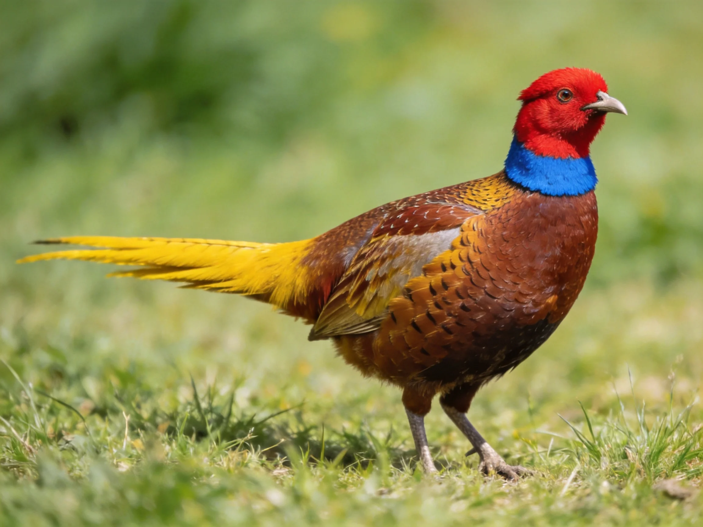 Vibrant red-headed pheasant with blue neck band and golden-yellow tail on green grass