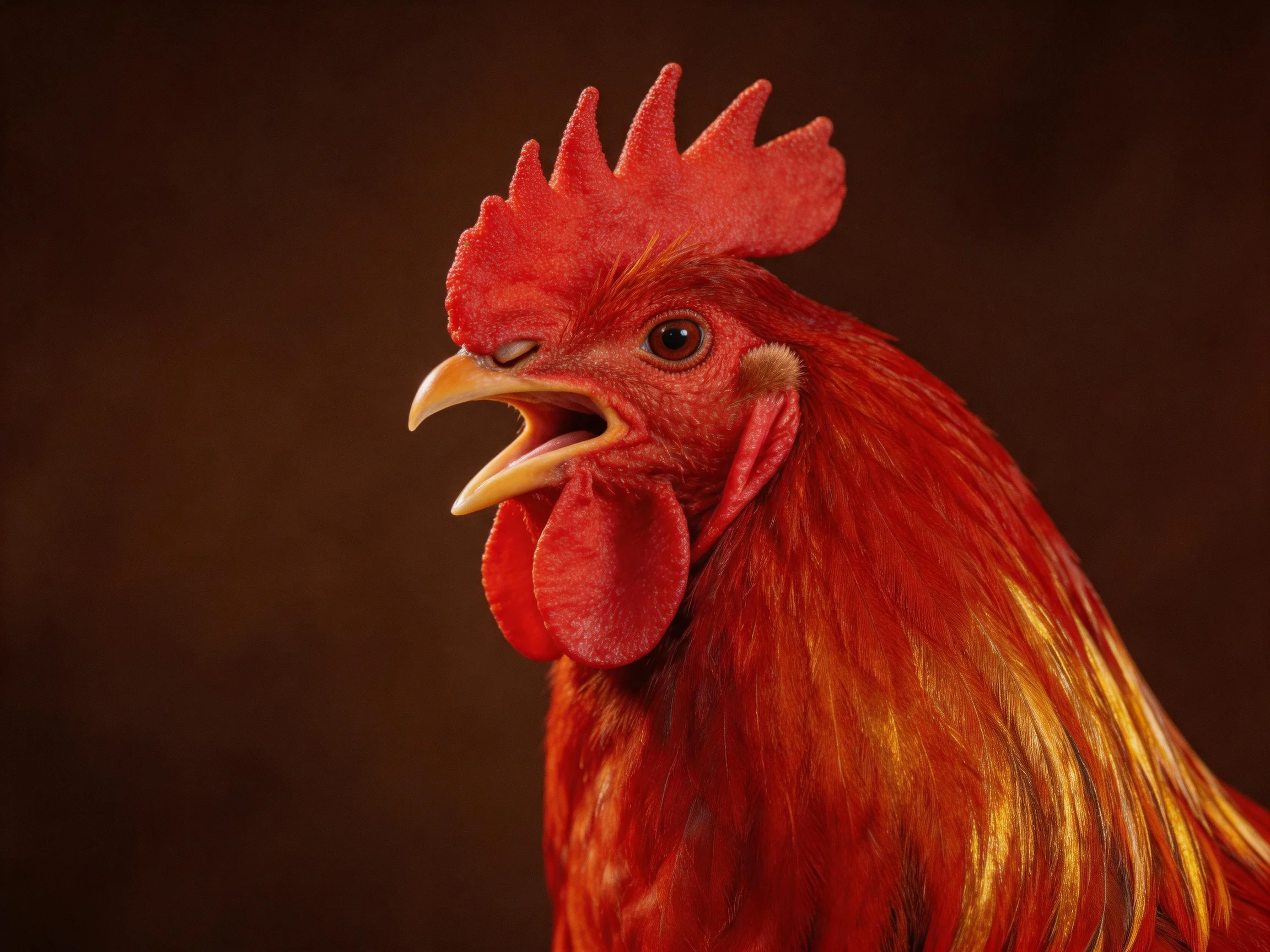 Vibrant red rooster with golden feather accents, beak open