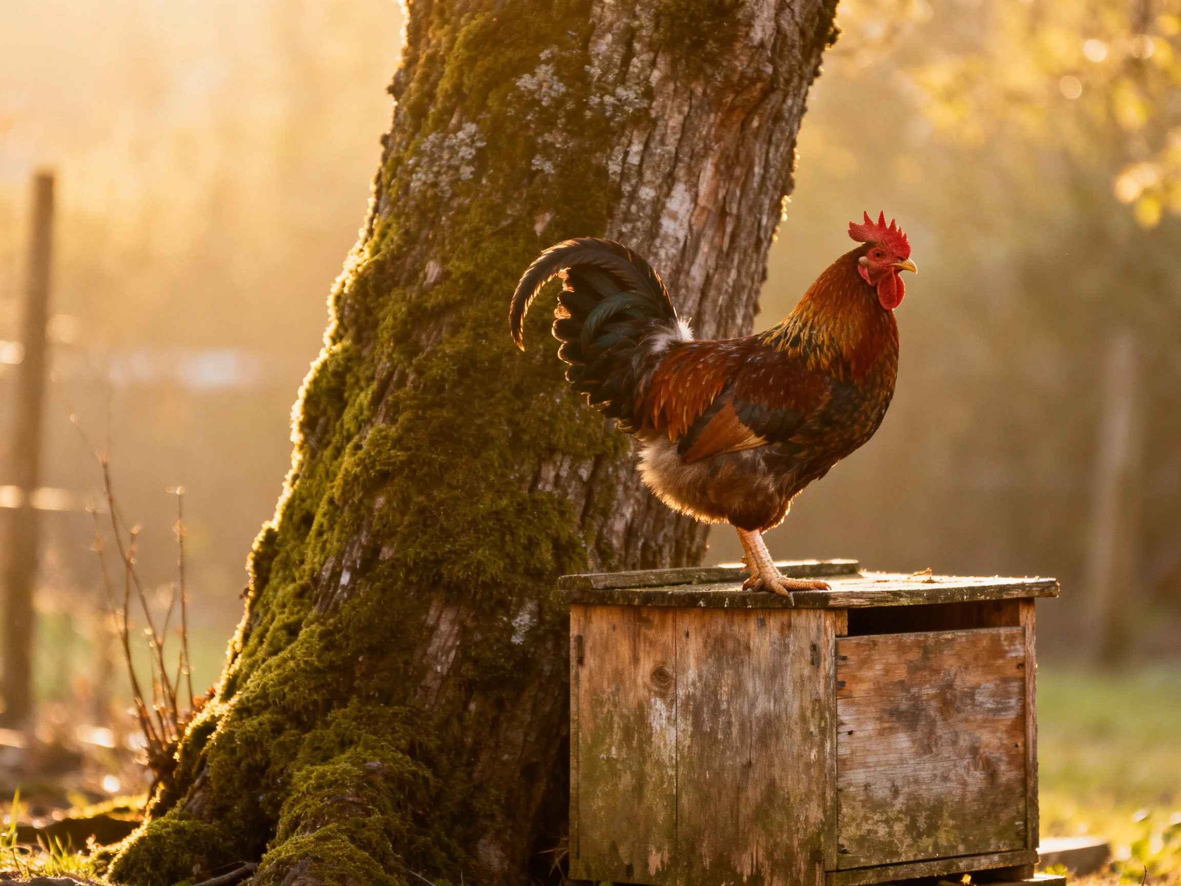 Vibrant rooster perched on aged wooden box by mossy tree in golden light