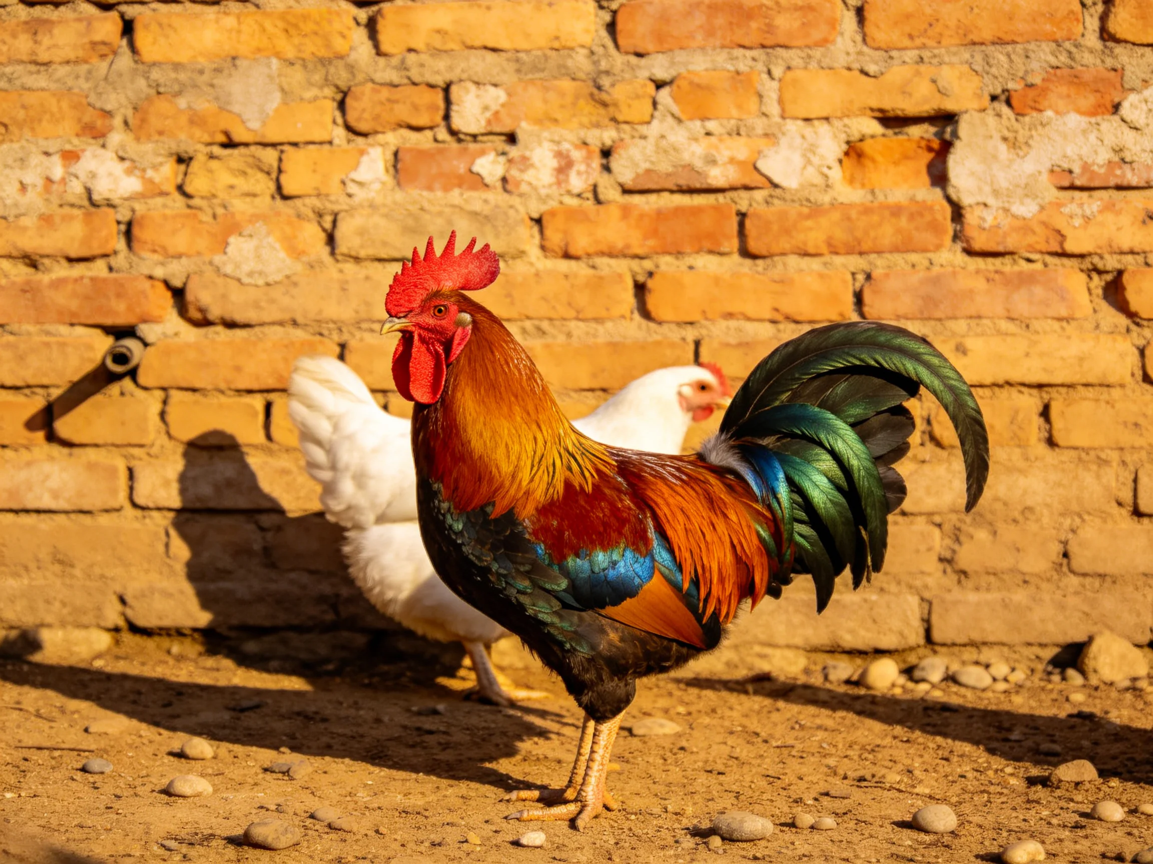 A vibrant rooster and white hen stand near an aged brick wall.
