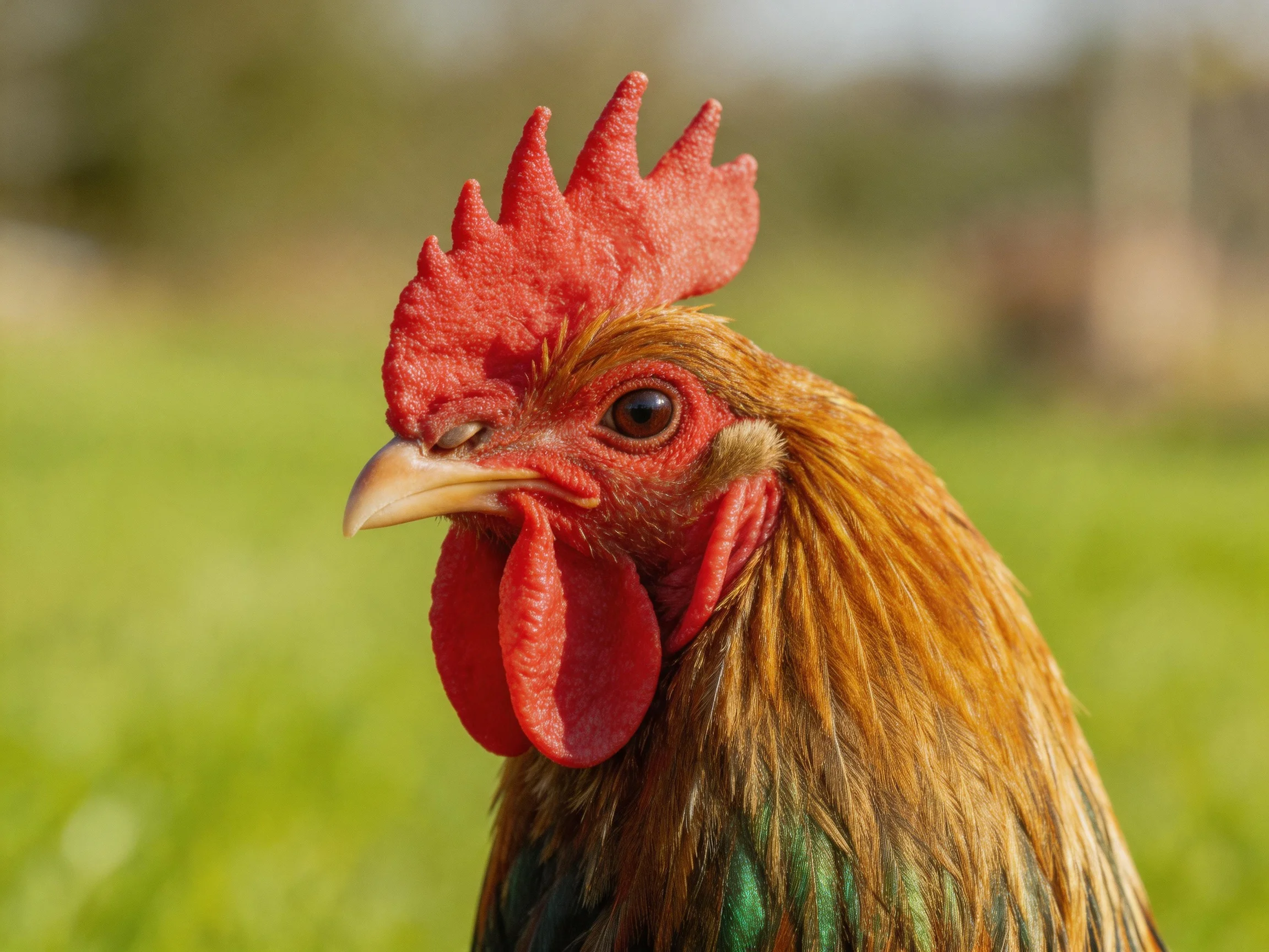 Close - up of a rooster showcasing its red comb and colorful feathers against a blurred green backdrop.