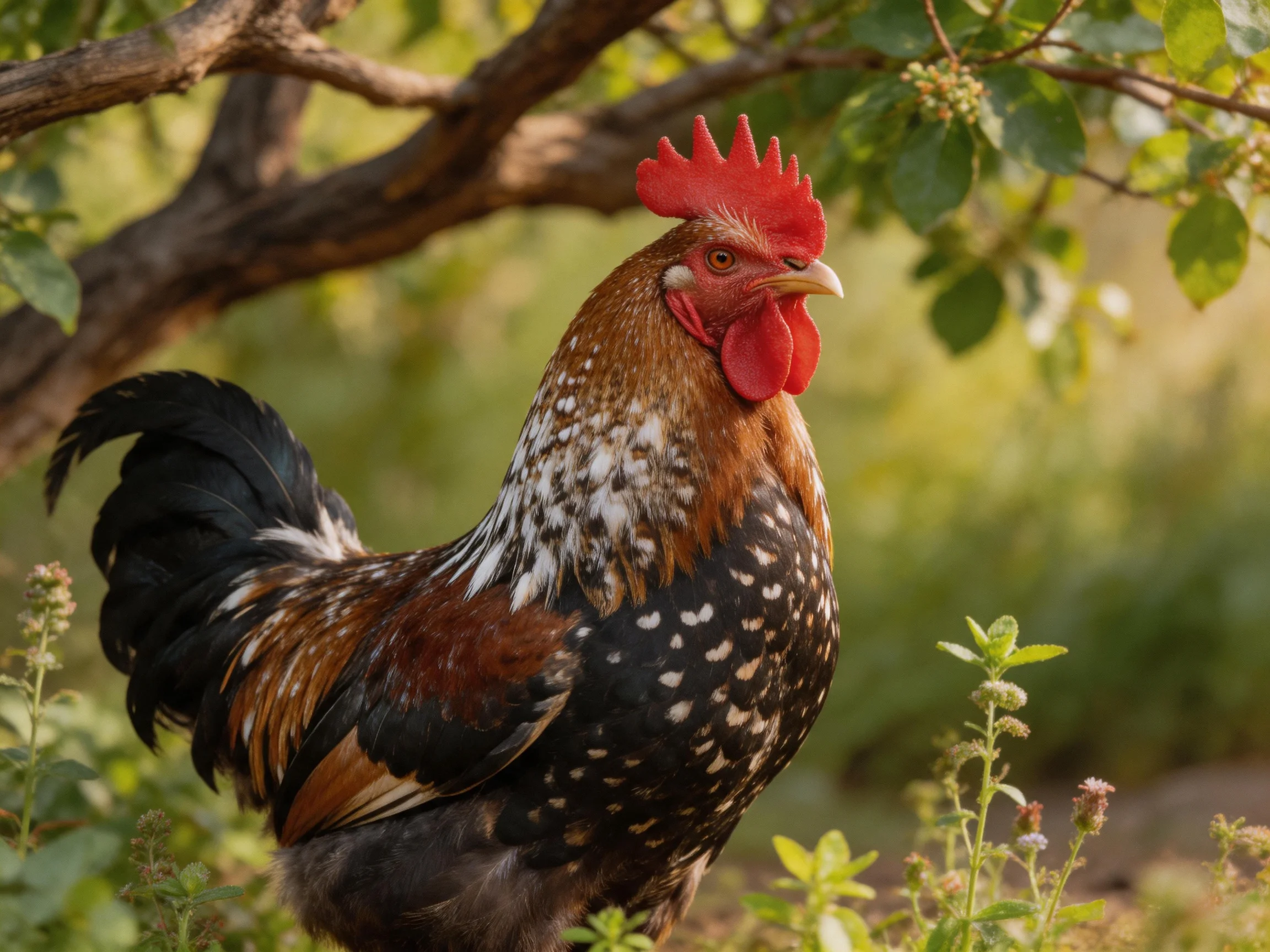 A rooster with multicolored plumage stands amid lush green foliage in a natural outdoor space.