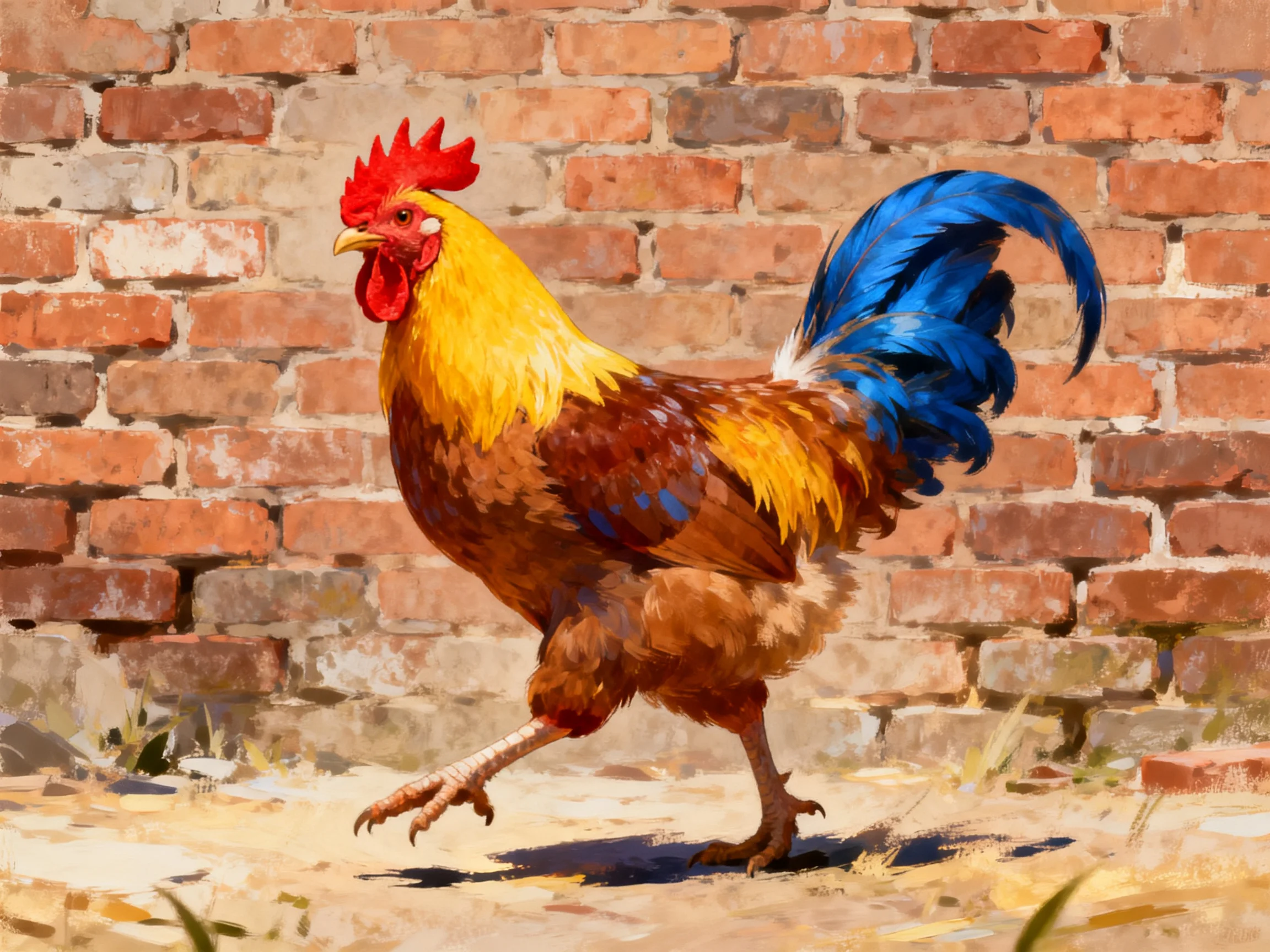 Colorful rooster near aged brick wall