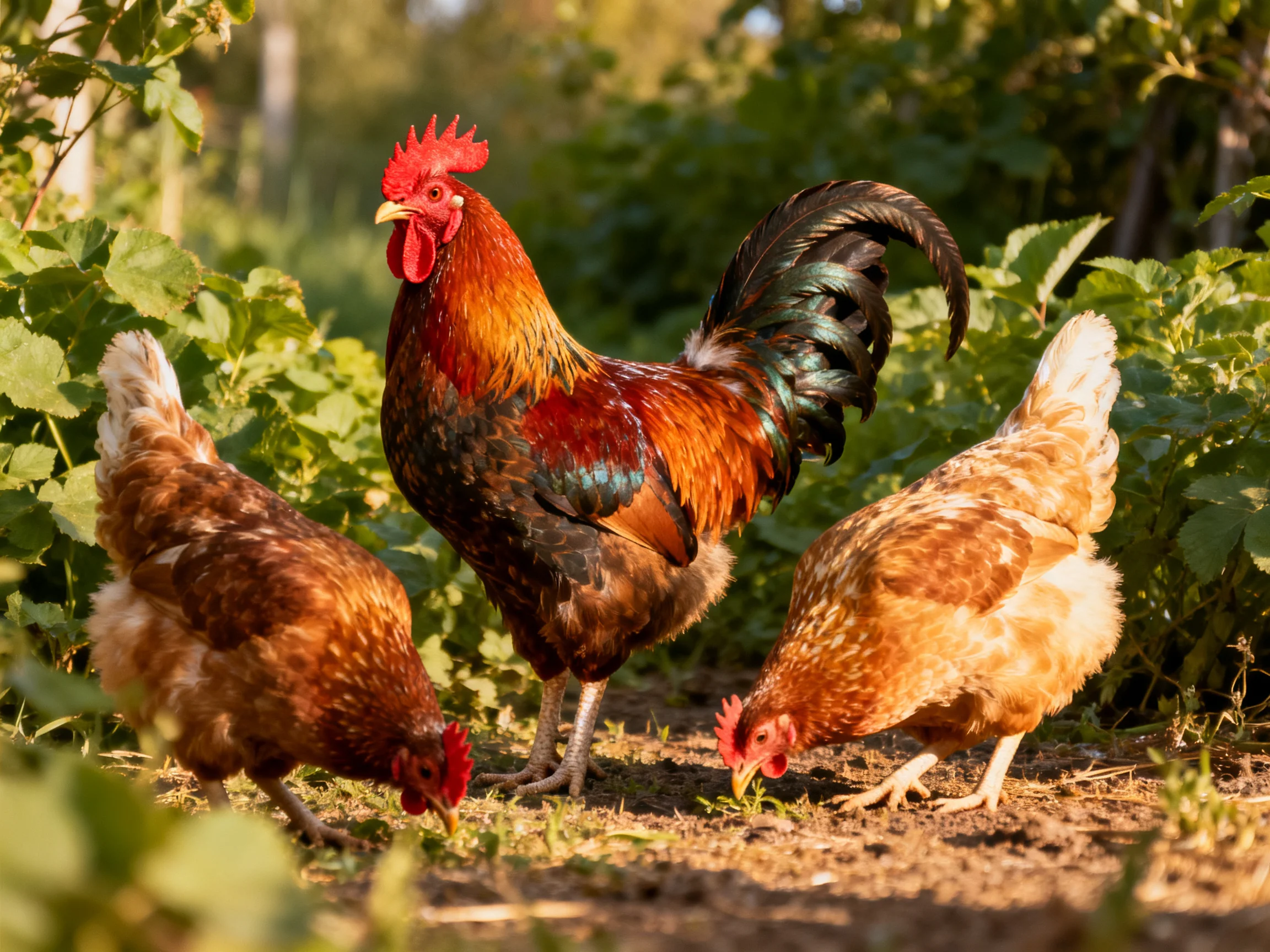 Vibrant rooster with two hens foraging in sun-dappled vegetation