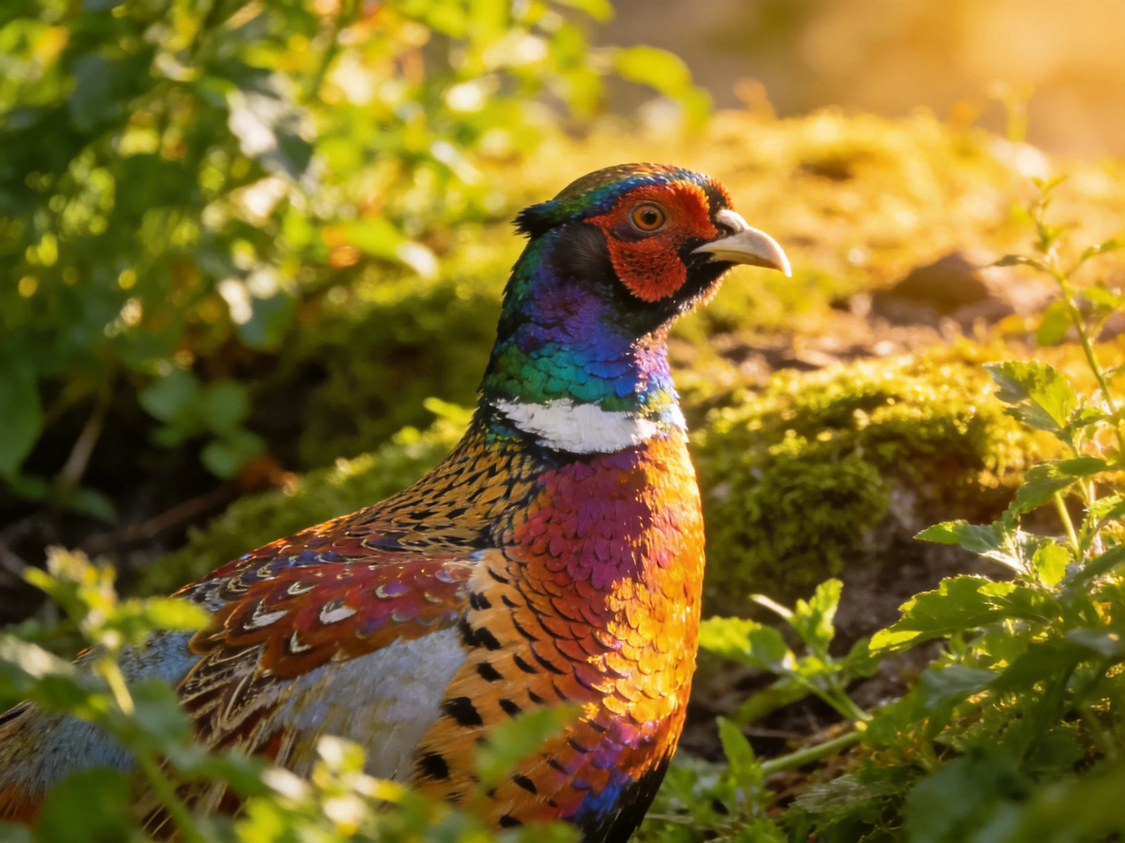 Vibrantly colored pheasant in sun-dappled mossy and leafy landscape