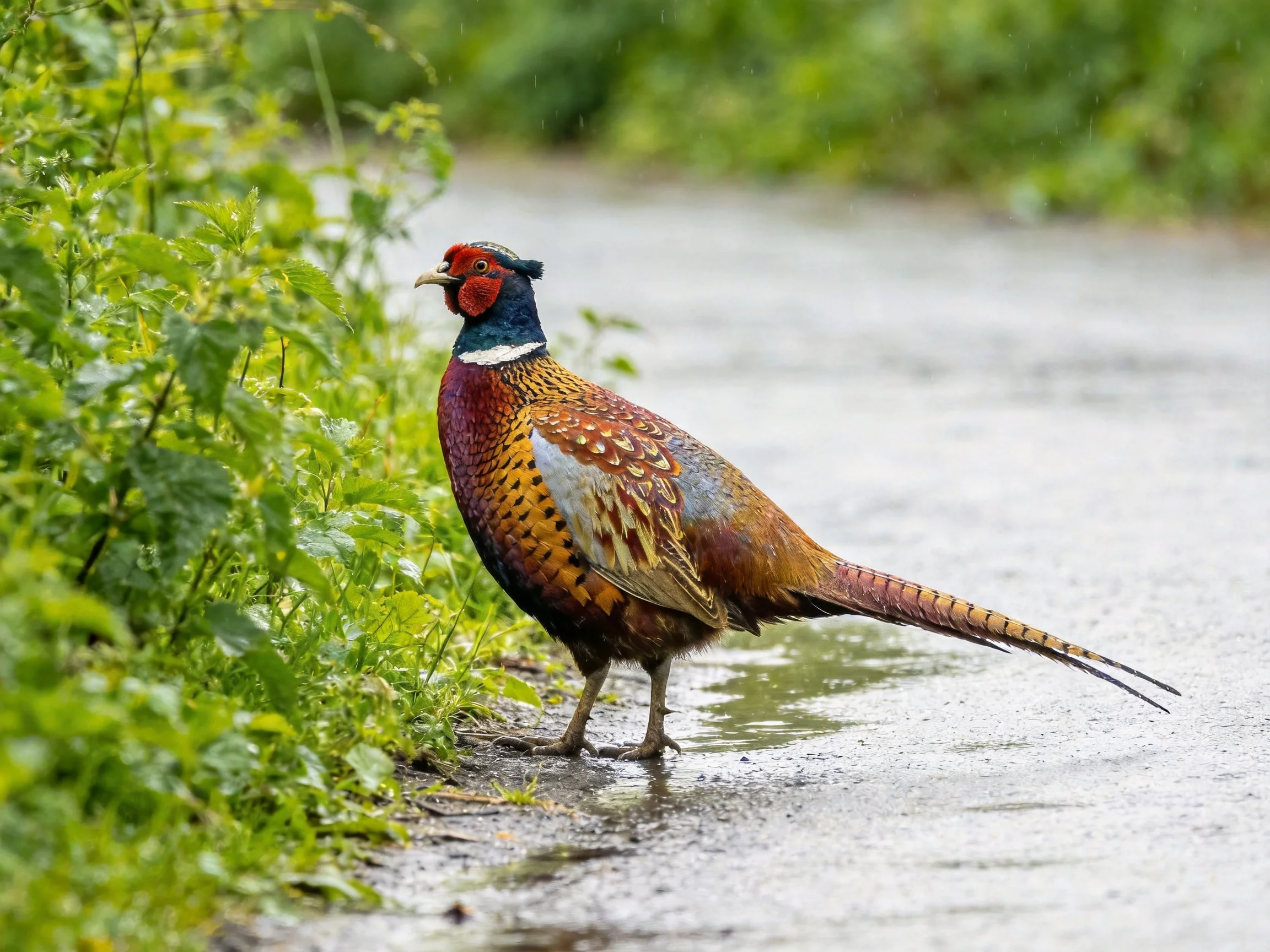 Vibrantly colored pheasant near lush green foliage by a damp path