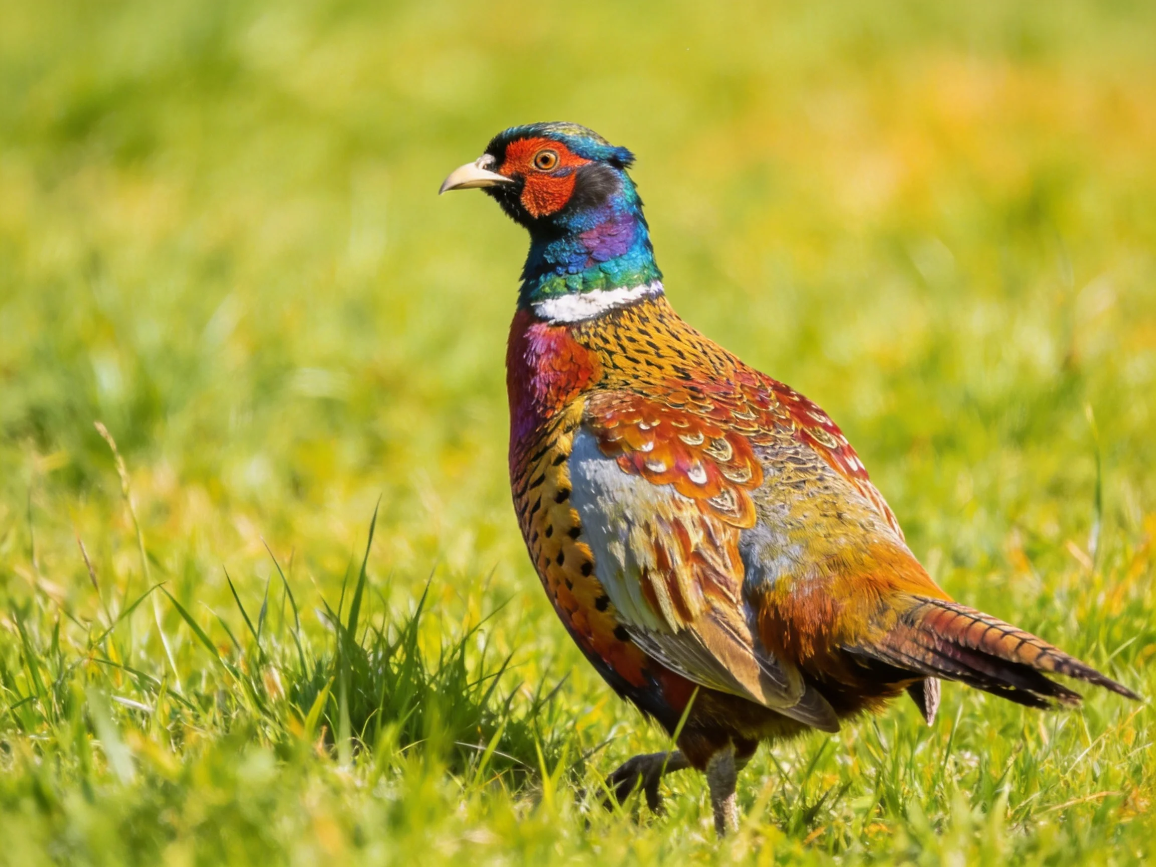 Vibrantly colored pheasant with multicolored plumage on grass