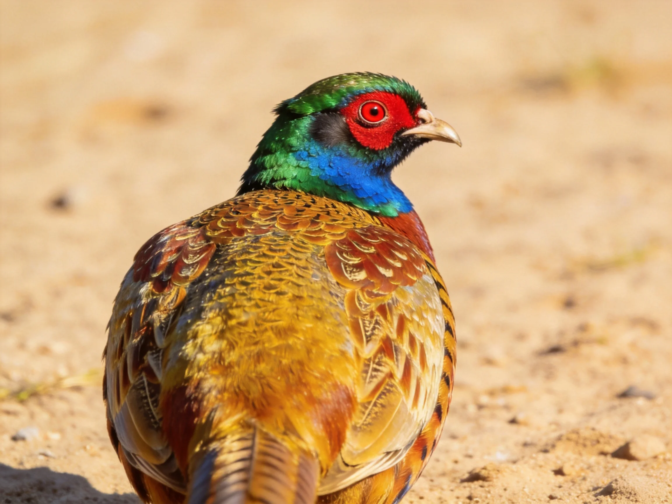 Vibrantly colored pheasant with multicolored plumage on sandy ground
