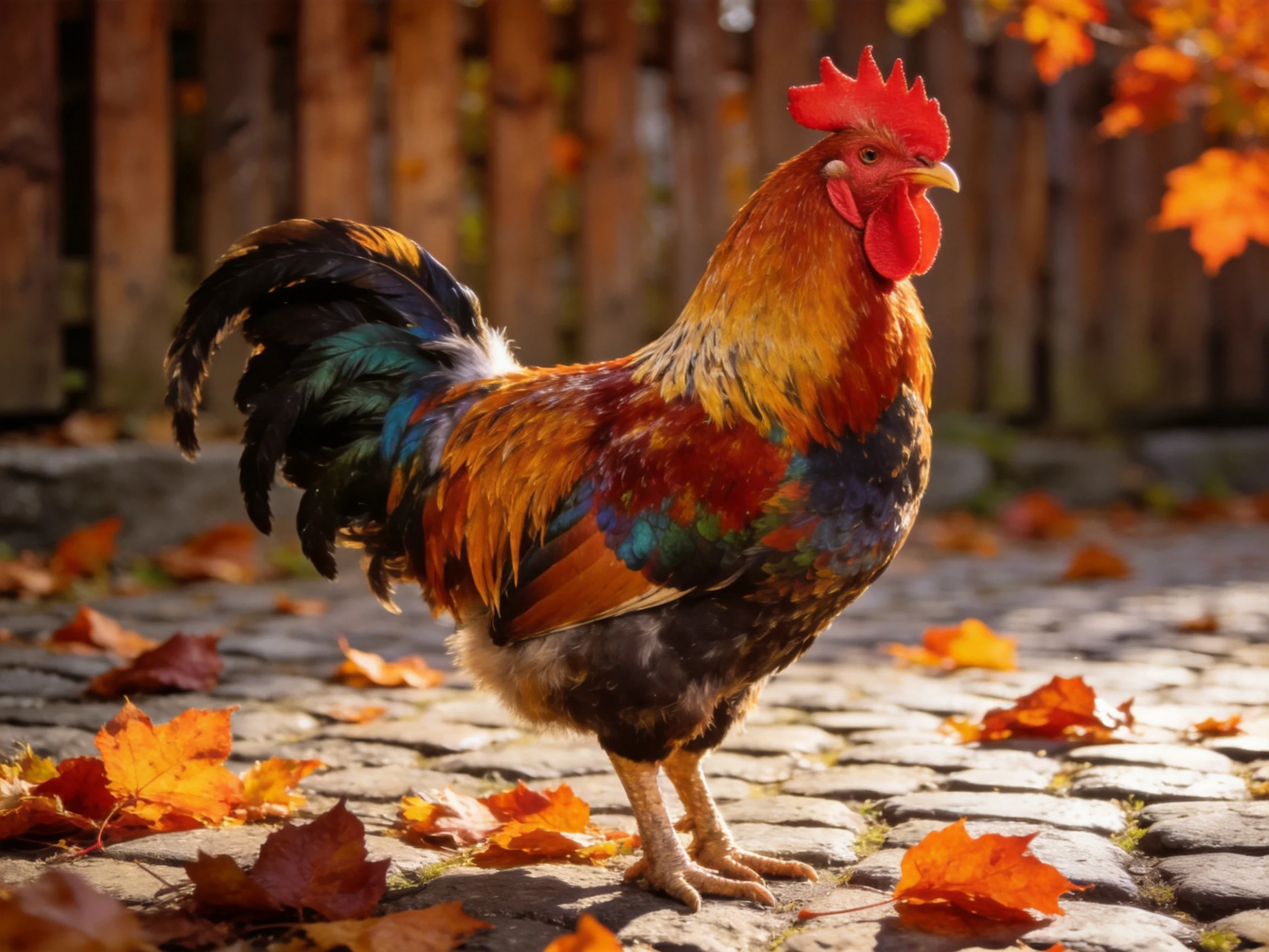 Vibrantly colored rooster amidst autumn leaves near wooden fence