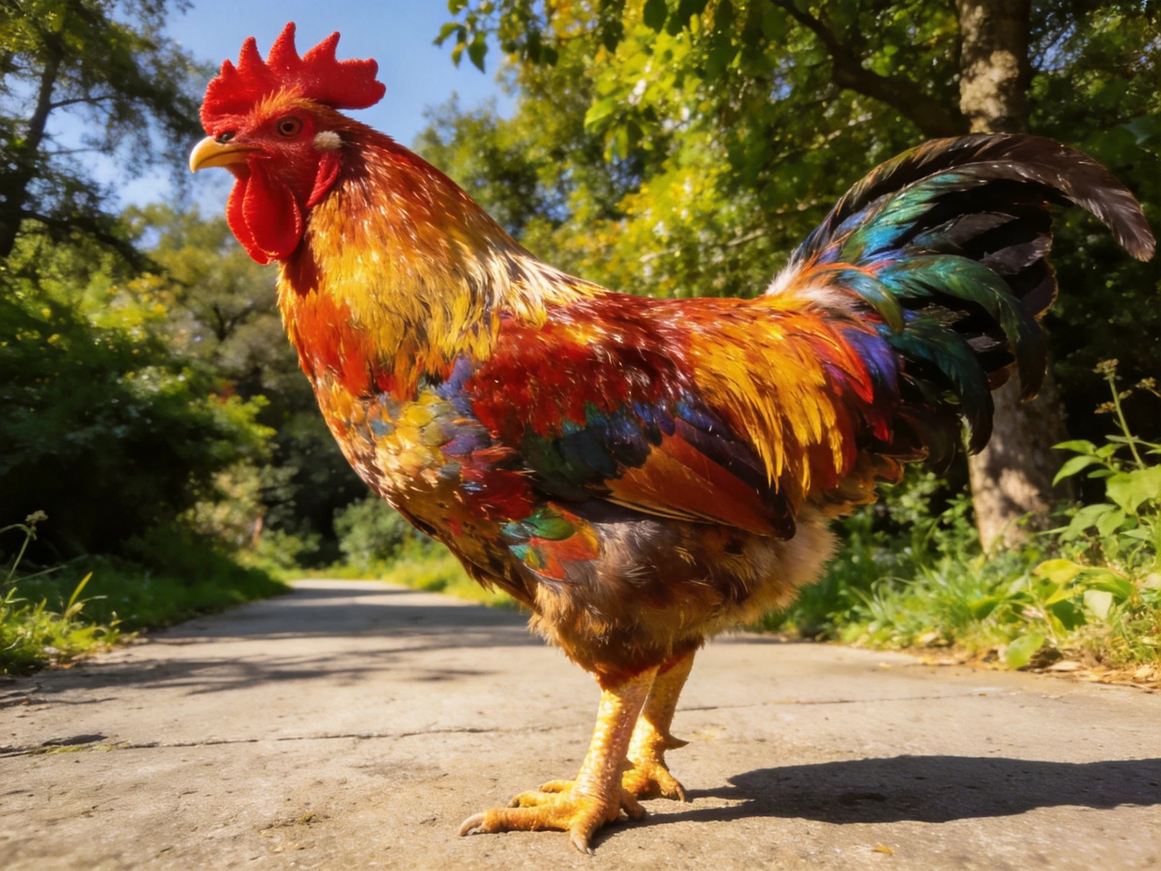 Vibrantly colored rooster on sunlit country path