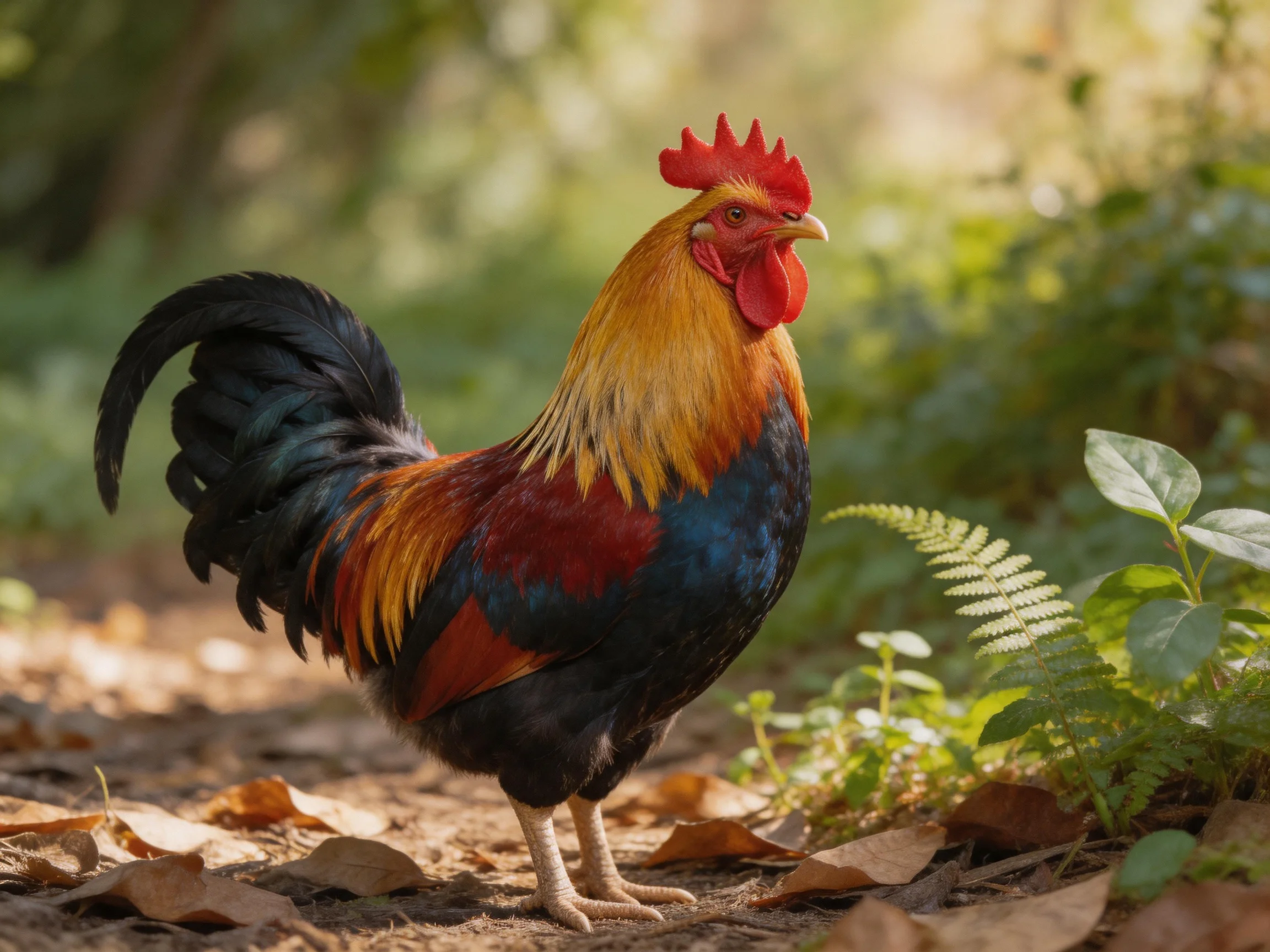 Vibrantly colored rooster stands among greenery and fallen leaves