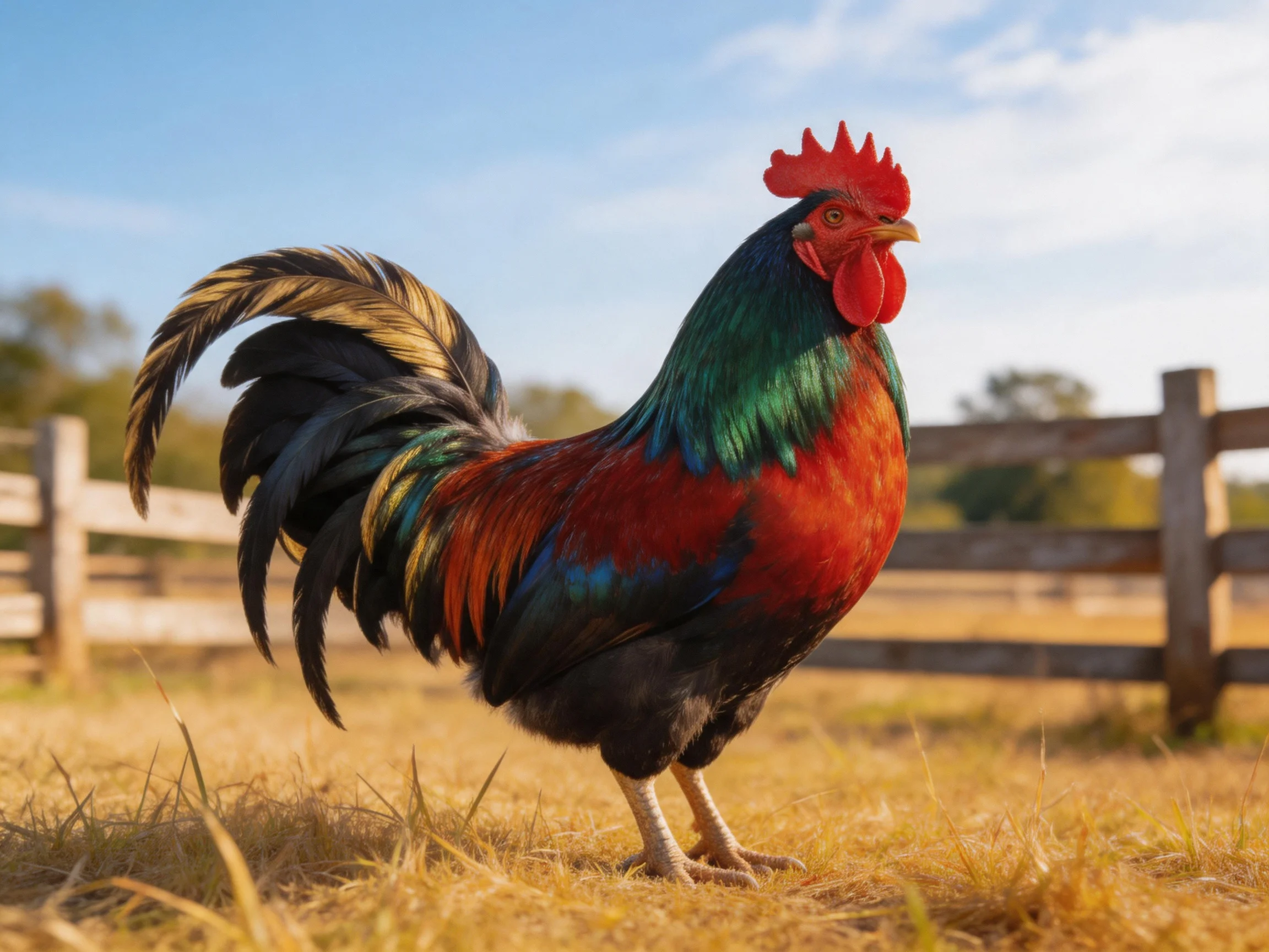 Vibrantly colored rooster stands in sunlit farm field near wooden fencing