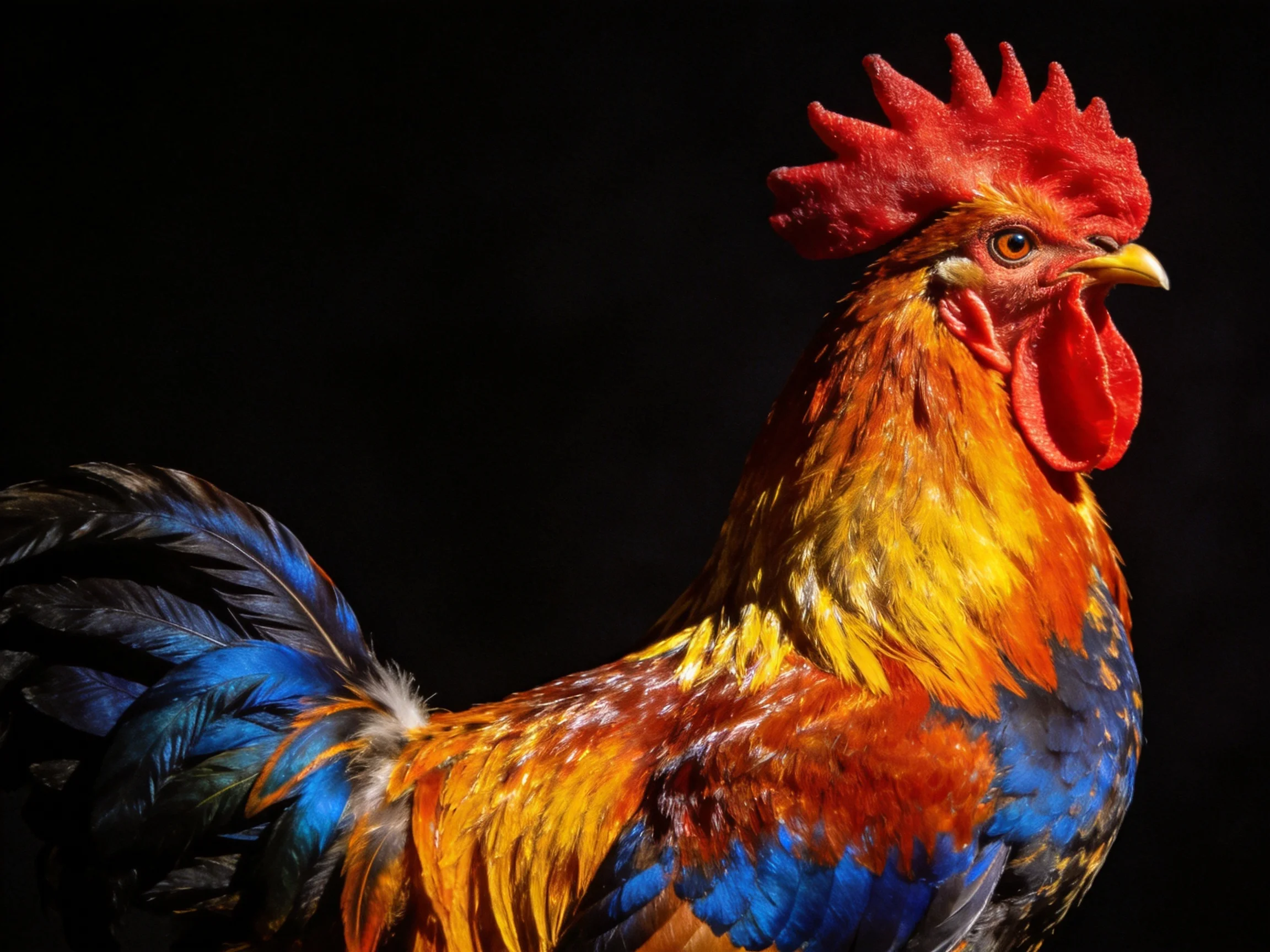 Vibrantly colored rooster with red comb and multicolored plumage