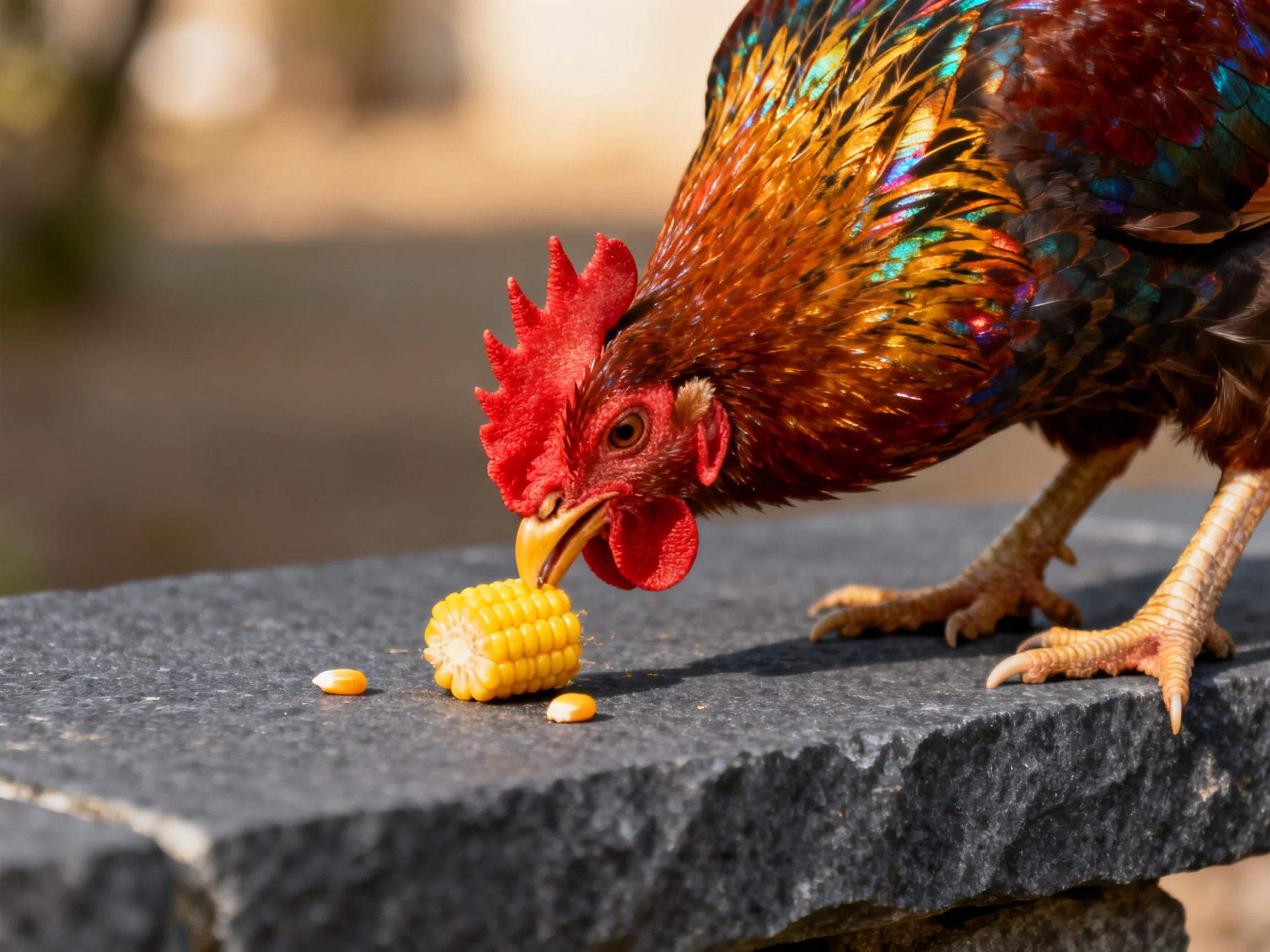 Vibrantly feathered rooster pecks at small corn cob on stone ledge