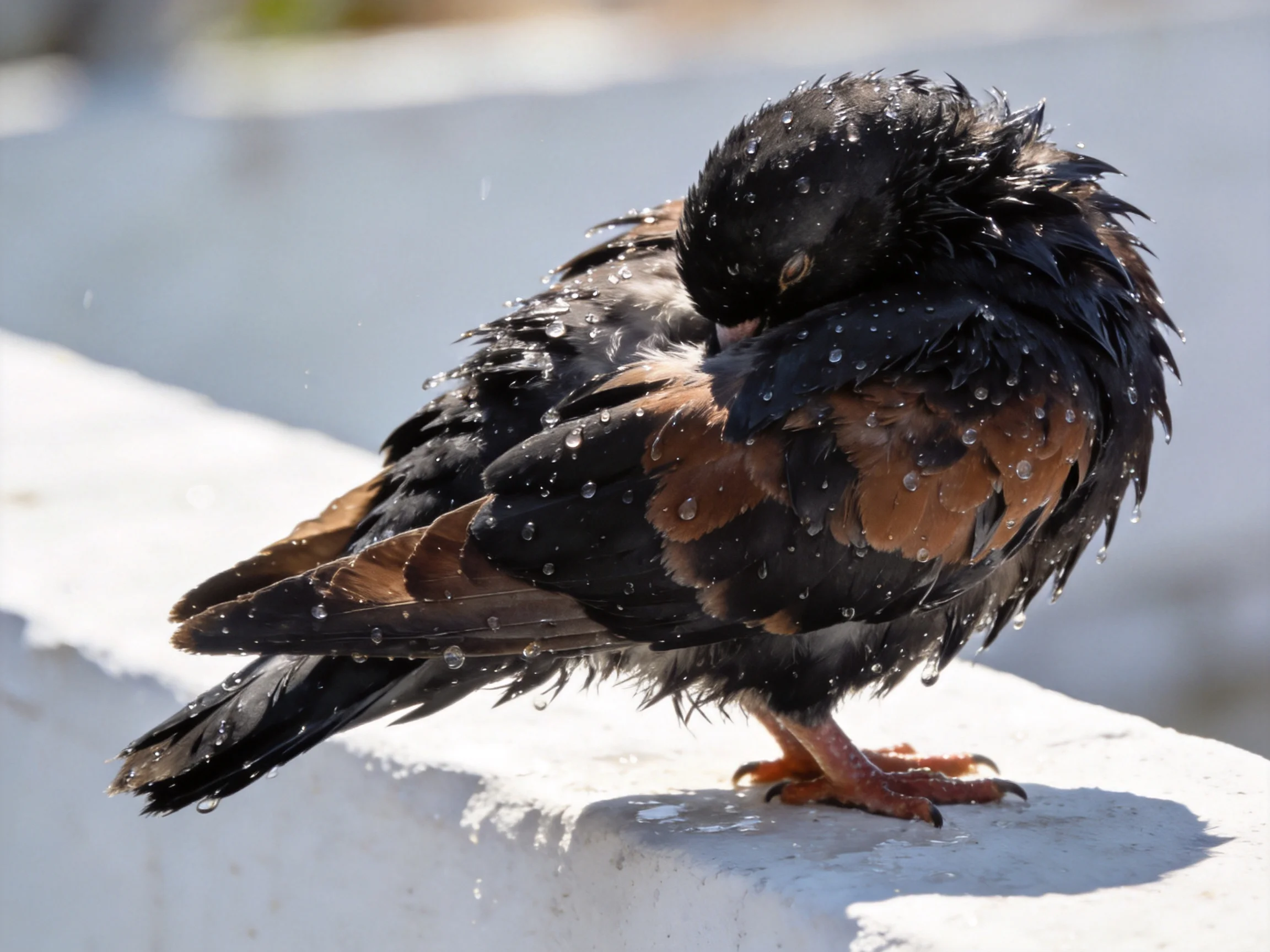 Wet black and brown bird preening on a white ledge