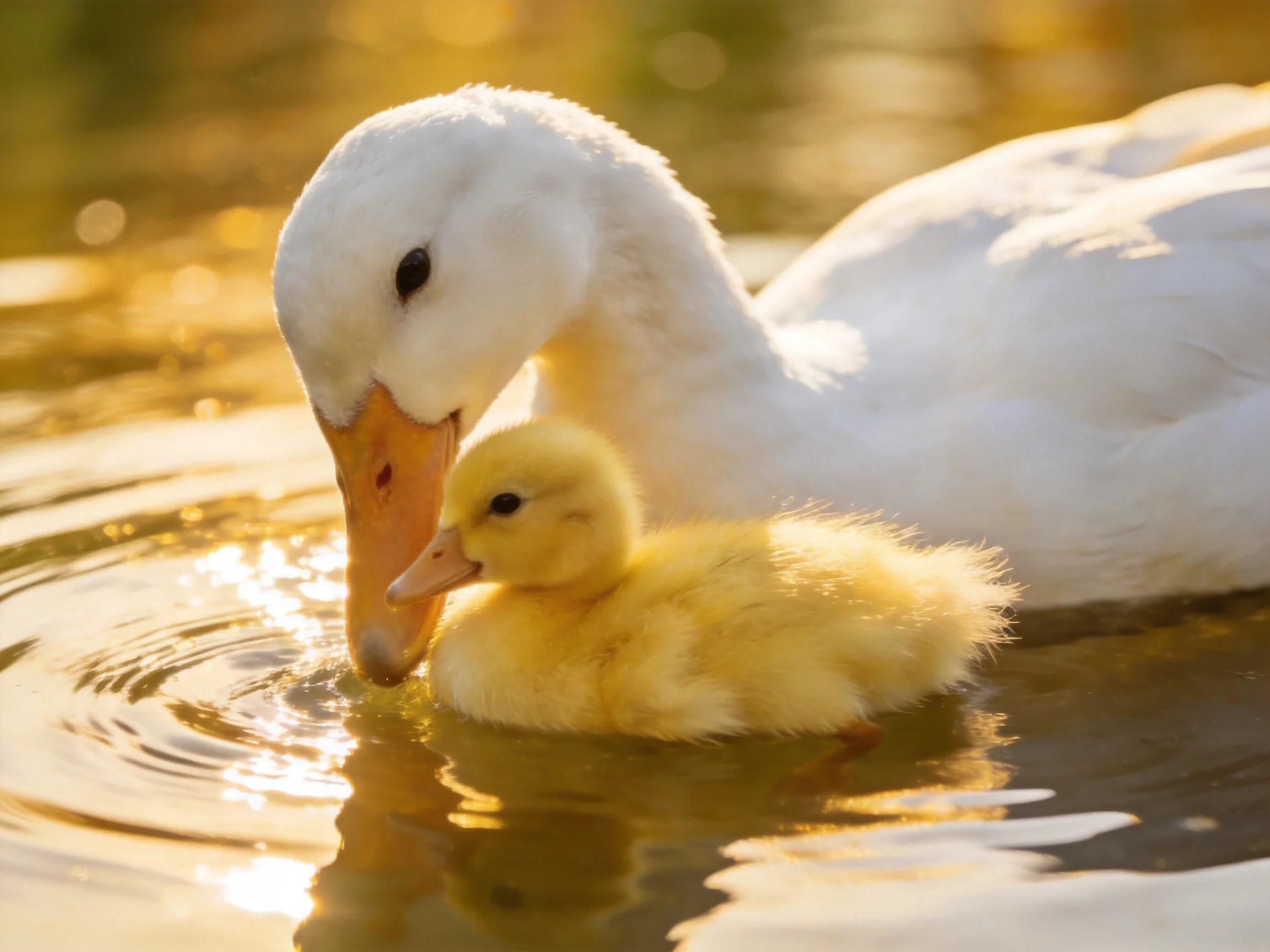 White adult duck and yellow duckling swim in sunlit water