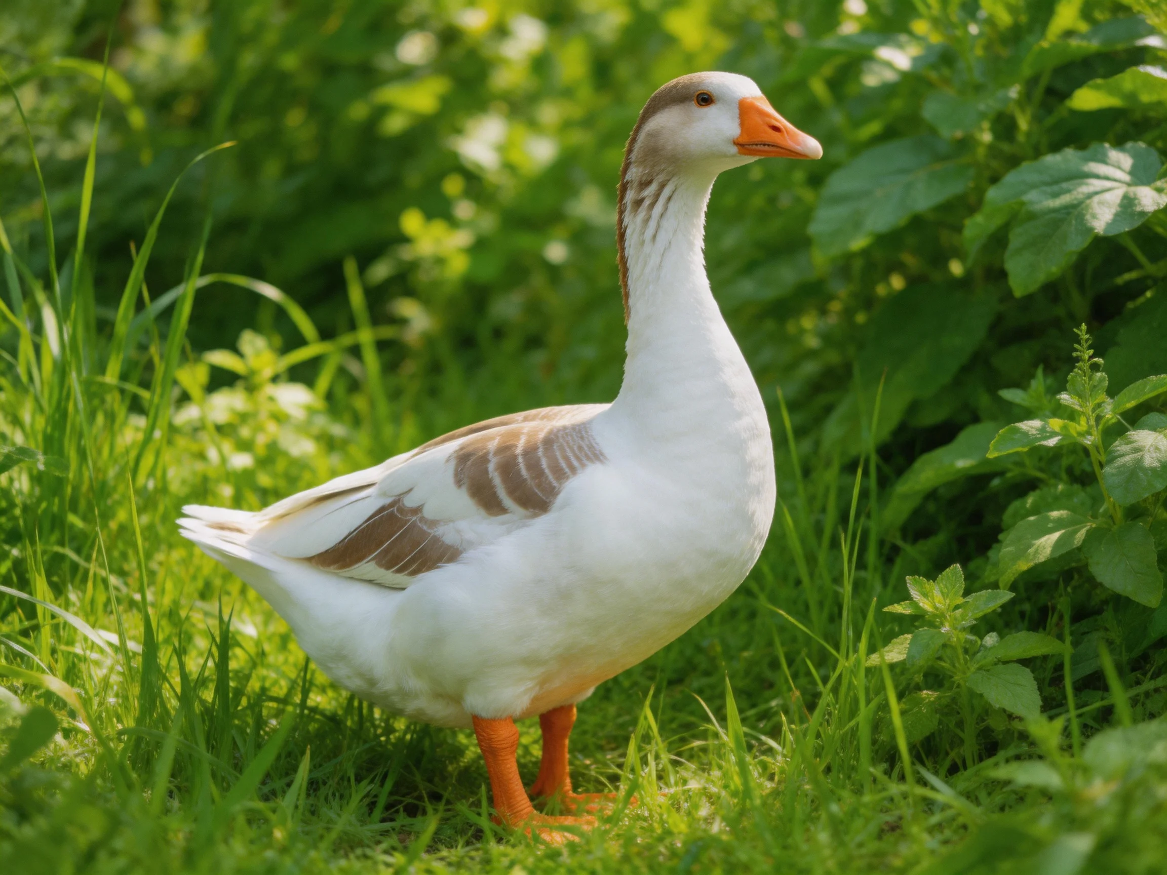 White and brown goose amid lush green vegetation