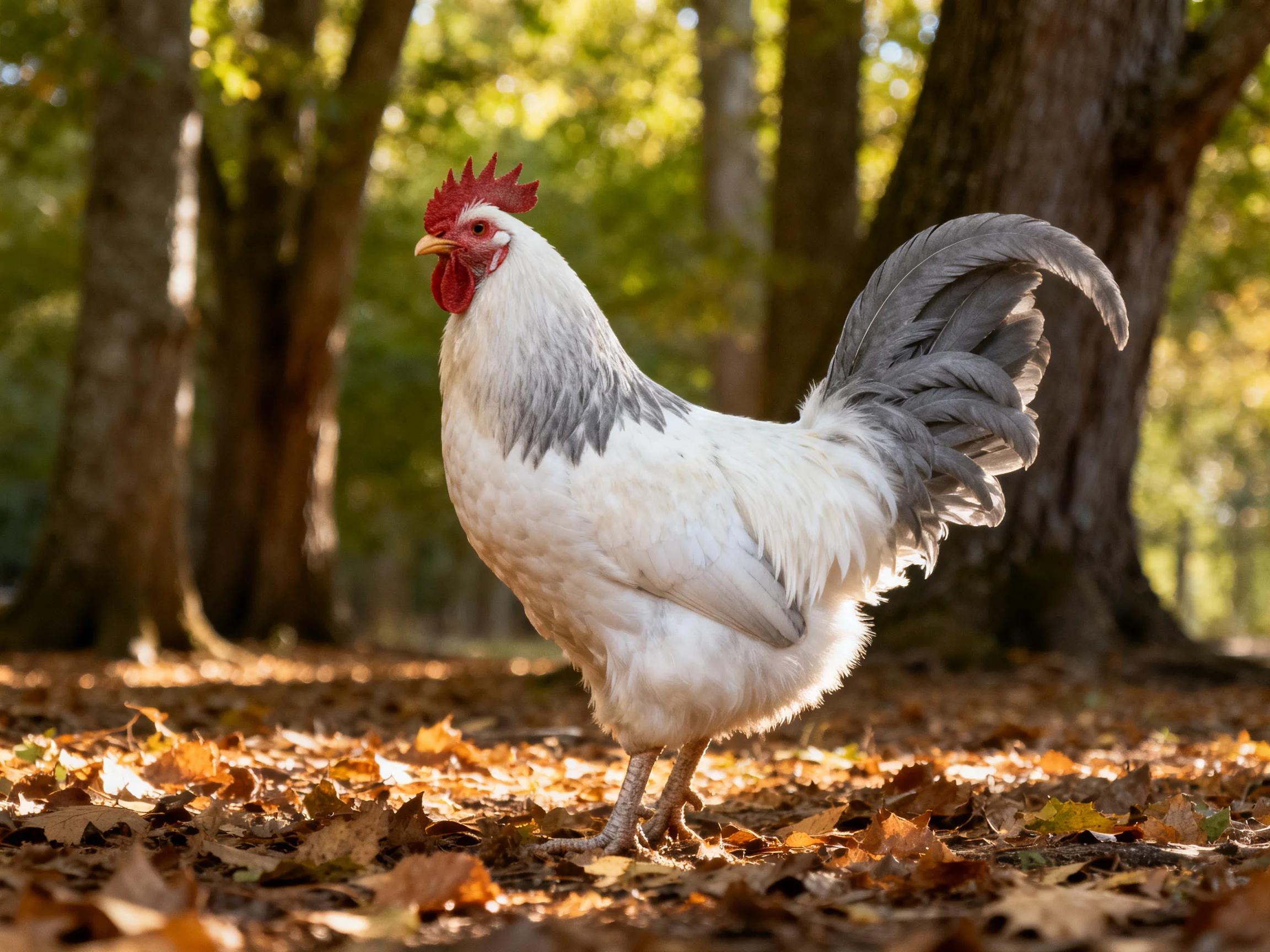 White and gray rooster walking through fallen autumn leaves in a forest