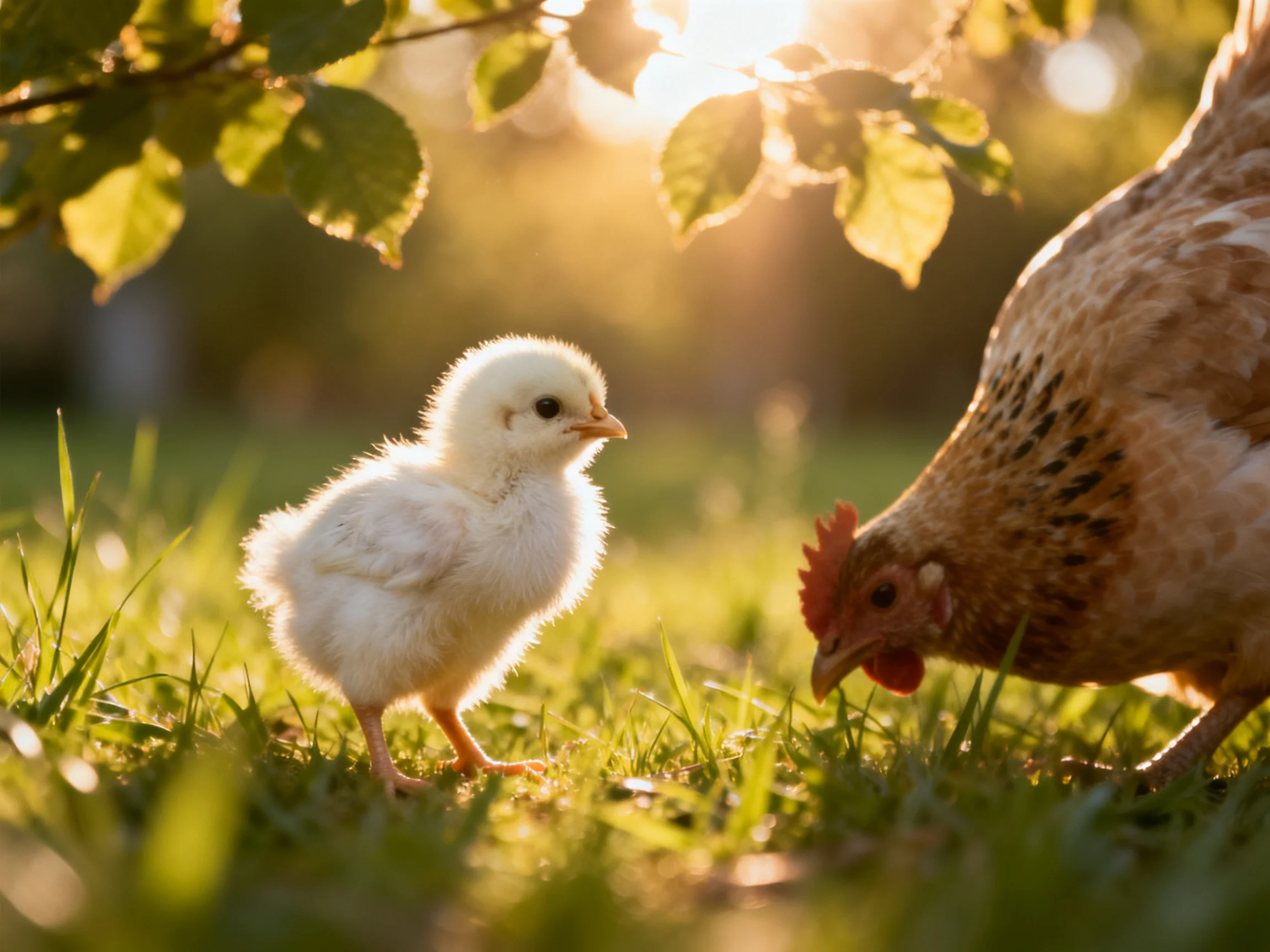 White chick and brown hen on sunlit grass near leafy foliage
