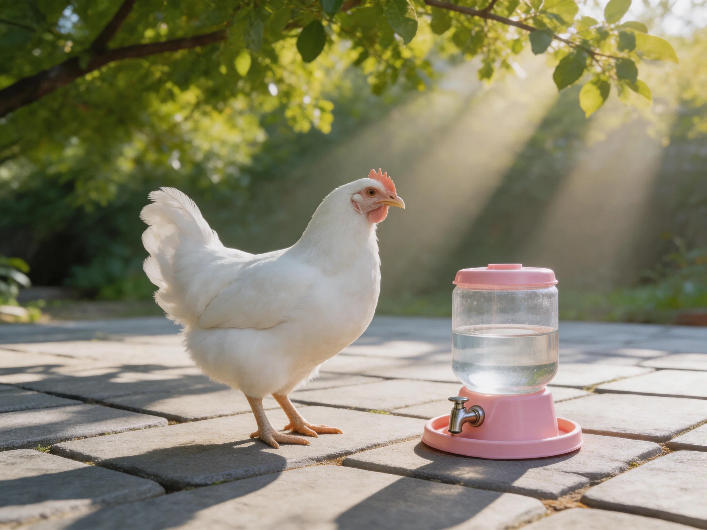White chicken beside pink water dispenser on sunlit patio