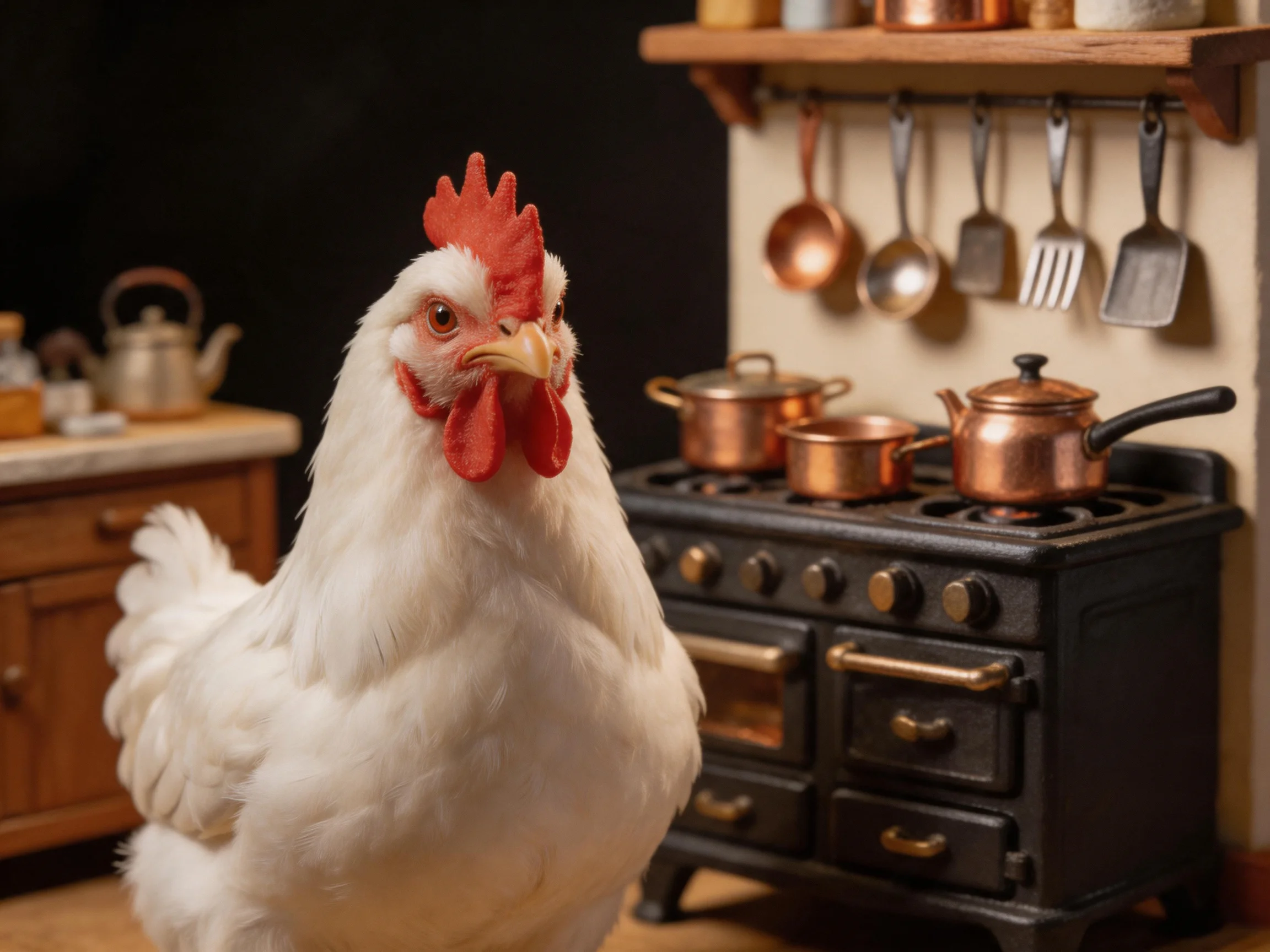 White chicken beside vintage kitchen with copper cookware