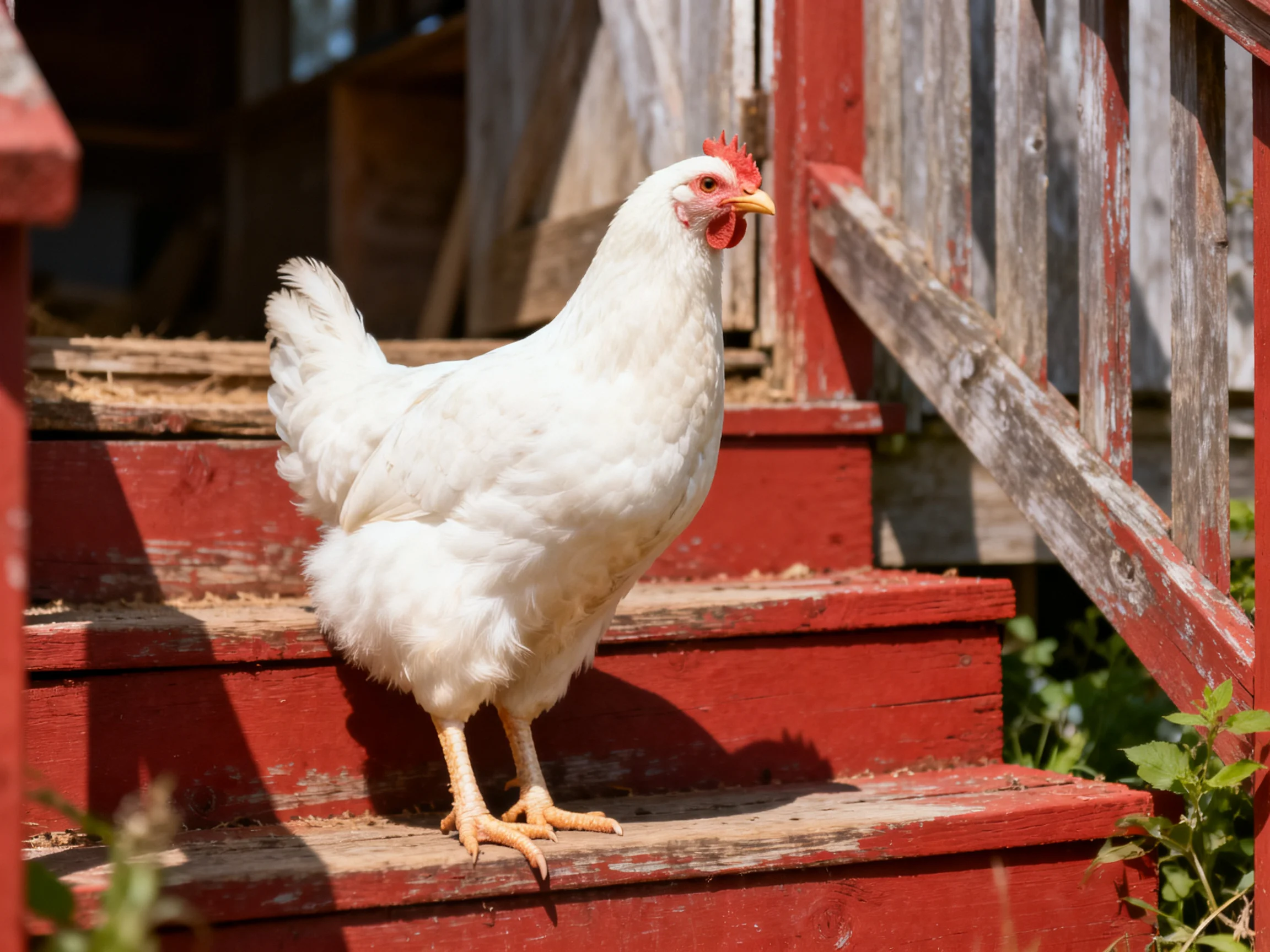 White chicken on aged red wooden steps near rustic structure
