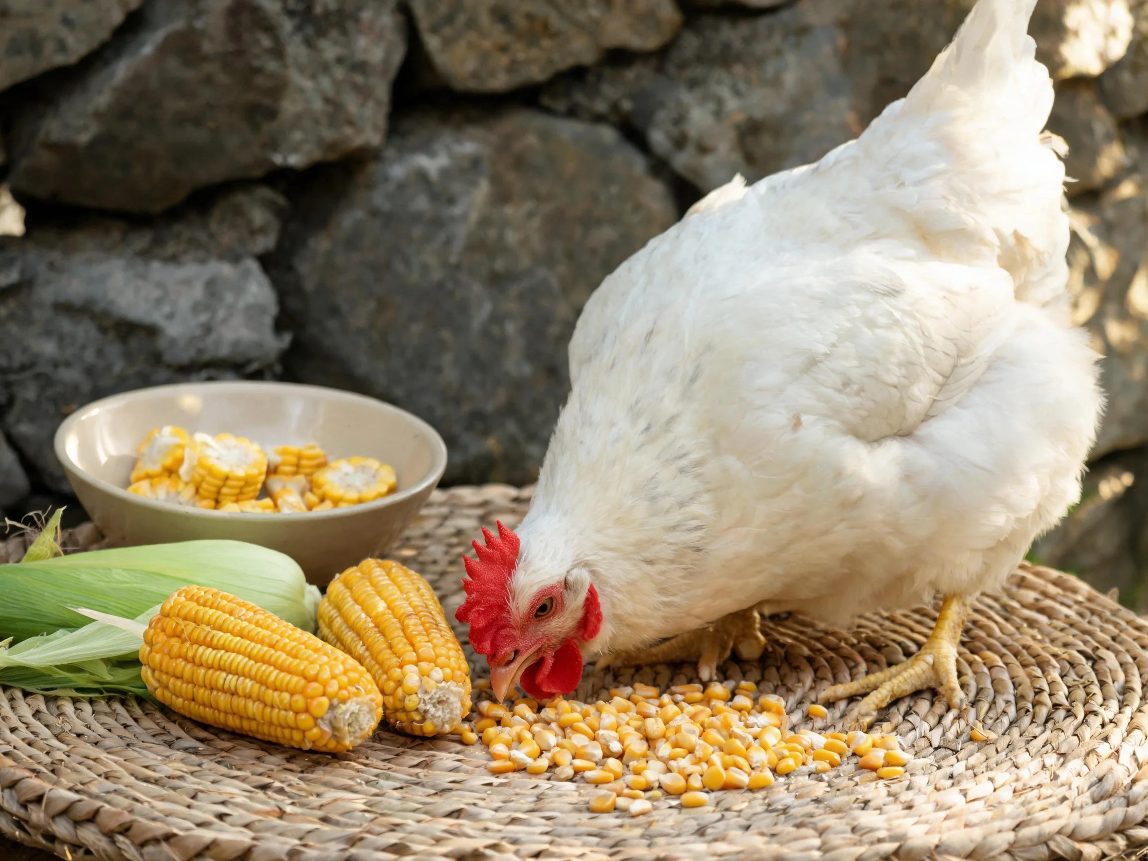 White chicken pecking corn kernels near whole ears and corn slice bowl