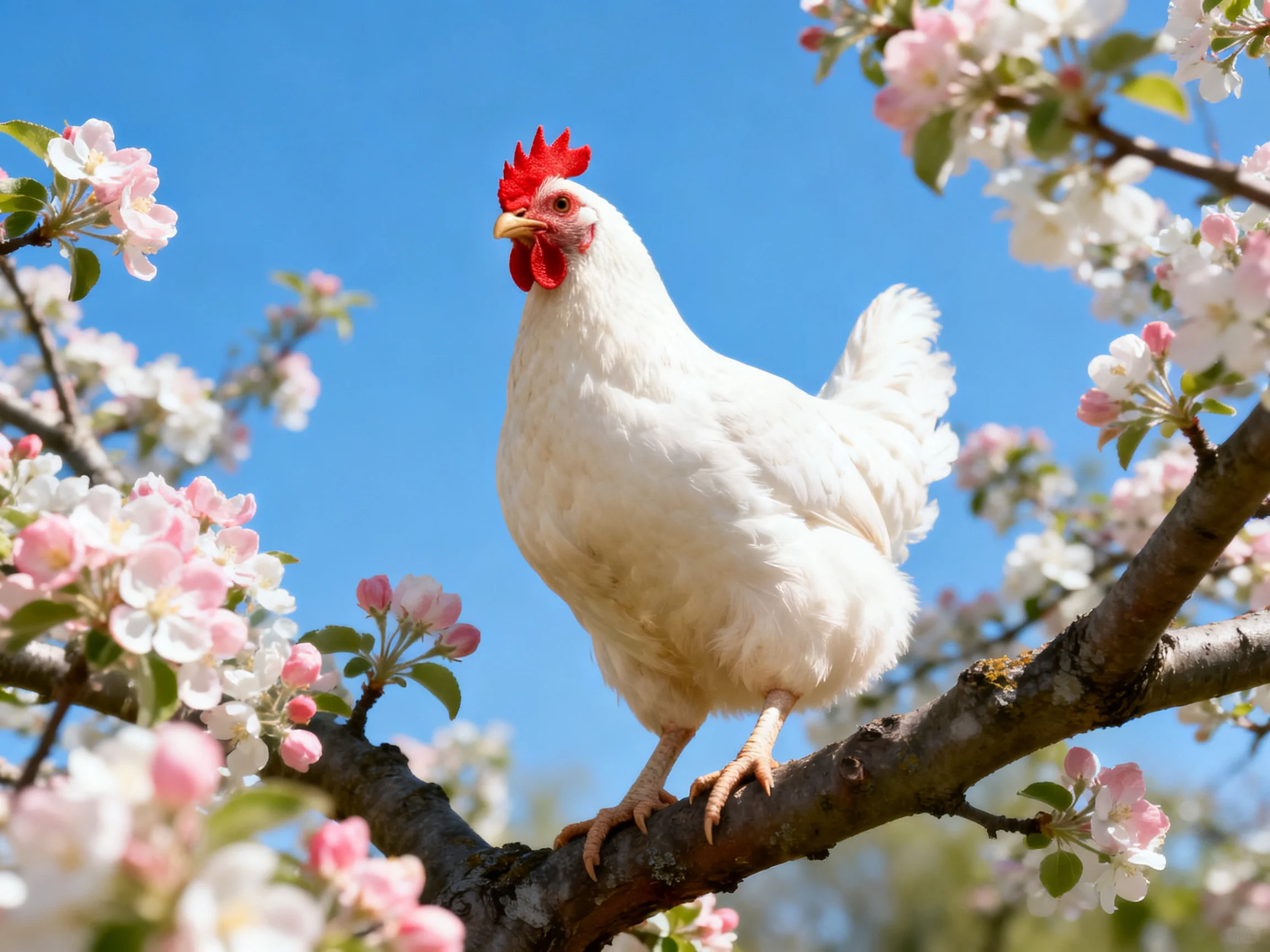 White chicken perched on flowering apple tree branch